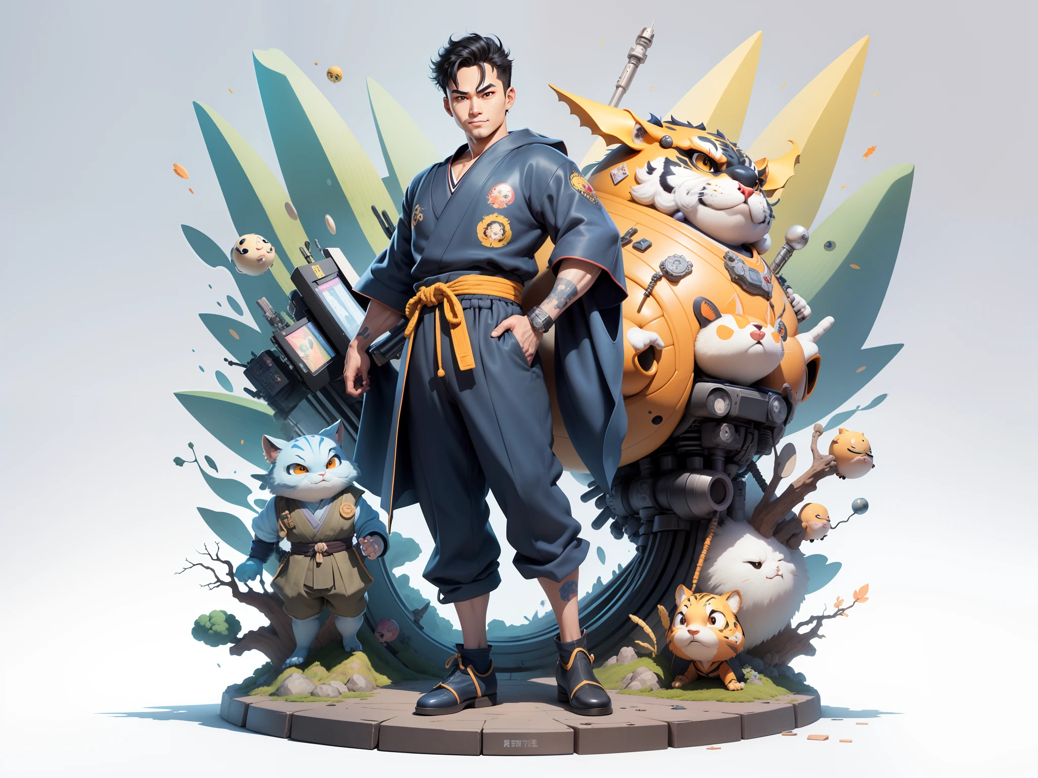 (Masterpiece), (Excellent), (Super Meticulous), (Full Body: 1.2), Super Young Man, Oriental Face, Japanese Kimono, Japanese Wind Thunder God, Dragon, Tiger, TV Anchor, Bust Portrait Illustration, Alone, Black Suit, Blue Tie, Slightly Chubby Face, Very Clean Face, No Beard, Black Super Short Hair, Black Eyes, Confident Smile, 3c Computer Sub-Products, iPad, iPhone, Digital Painting, 3D Character Design by Akira Toriyama and Mark Claireden and Pixar and Hayao Miyazaki, The illustration is a high-definition illustration in 4K resolution with very detailed facial features and cartoon-style visuals.