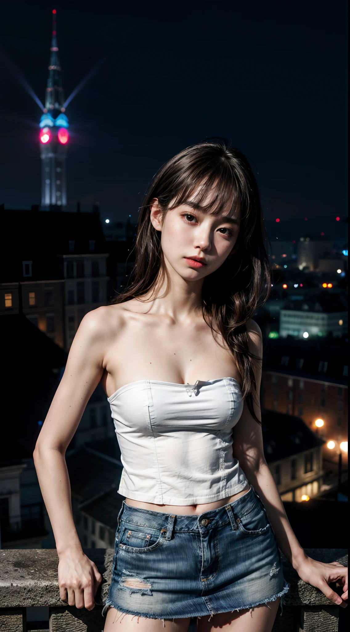 (1girl), russian, solo, long_hair, wearing(denim-strapless-shirt, white-miniskirt), photo(long-shot), portrait, standing, pov, blurry_background, background(night, tower, rooftop, nightlight), (photorealistic, absurdres, best_quality:1.55),