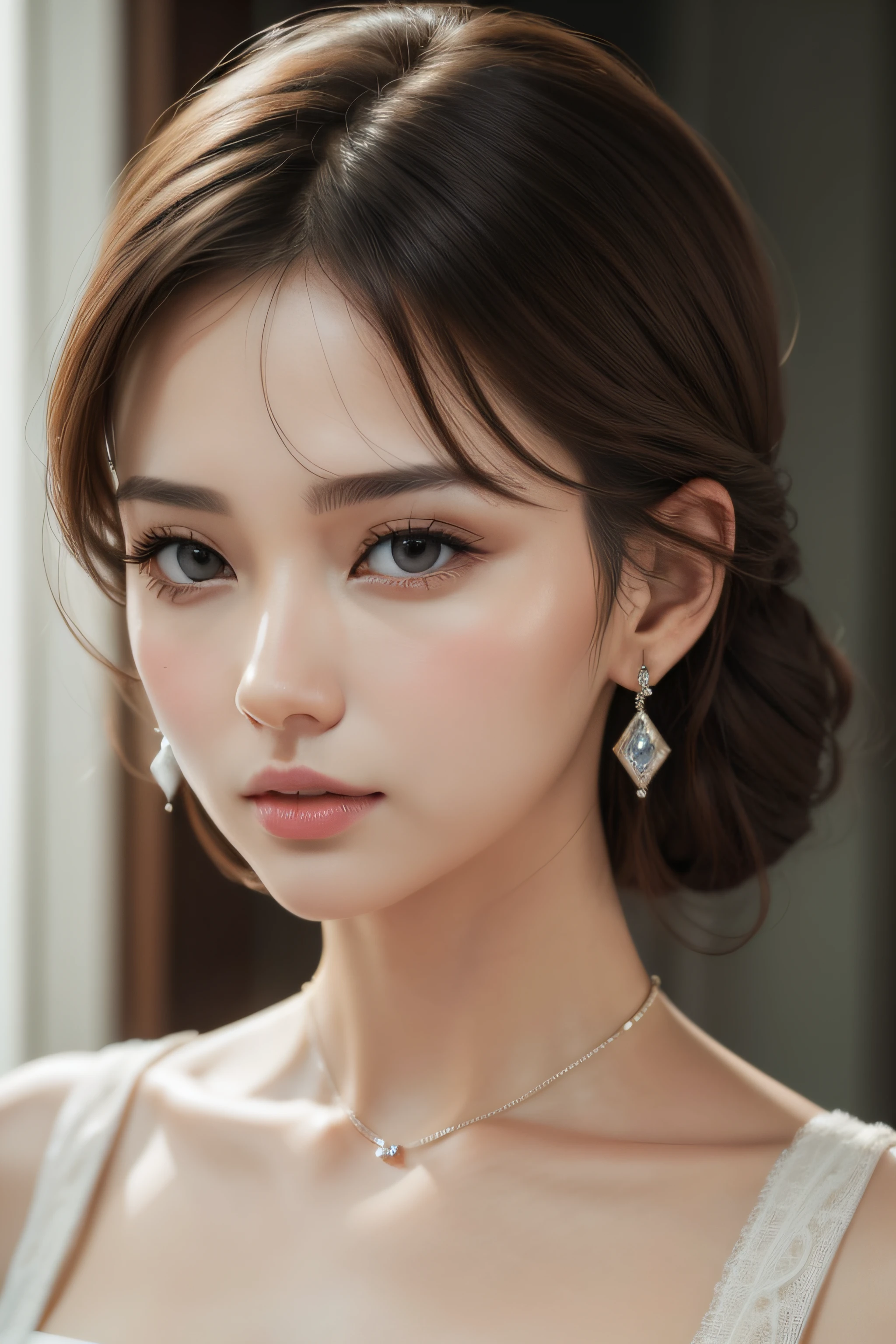 A pretty woman, delicate features directed gaze, Earrings