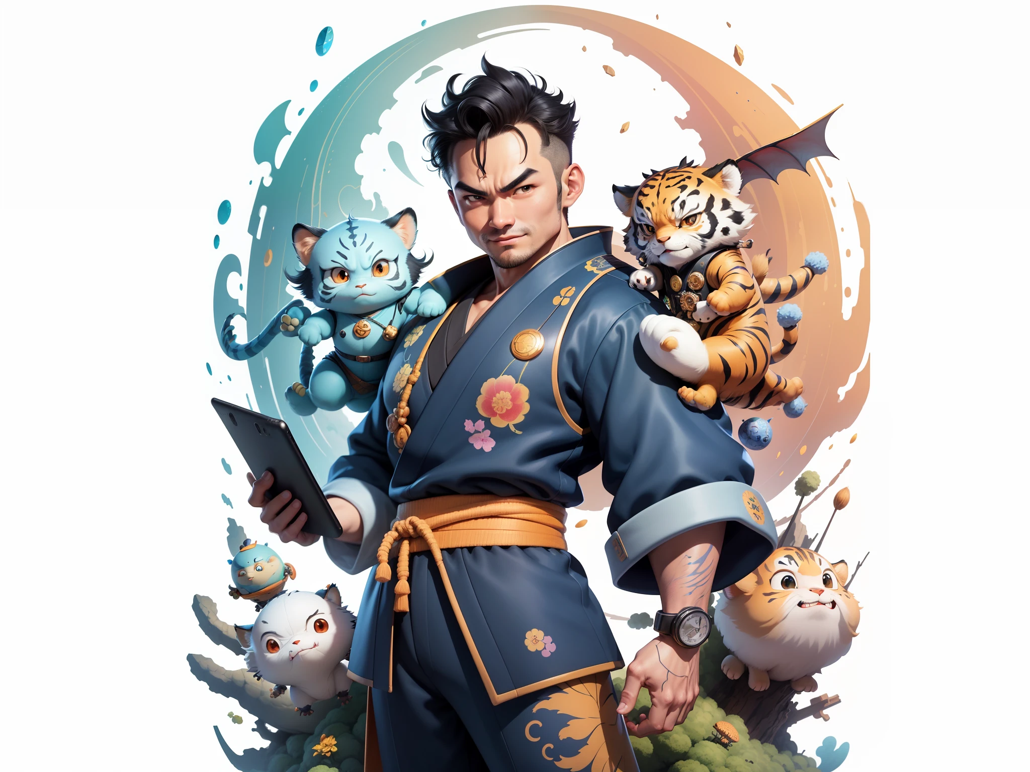 (Masterpiece), (Excellent), (Super Meticulous), (Full Body: 1.2), Super Young Man, Oriental Face, Japanese Kimono, Japanese Wind Thunder God, Dragon, Tiger, TV Anchor, Bust Portrait Illustration, Alone, Black Suit, Blue Tie, Slightly Chubby Face, Very Clean Face, No Beard, Black Super Short Hair, Black Eyes, Confident Smile, 3c Computer Sub-Products, iPad, iPhone, Digital Painting, 3D Character Design by Akira Toriyama and Mark Claireden and Pixar and Hayao Miyazaki, The illustration is a high-definition illustration in 4K resolution with very detailed facial features and cartoon-style visuals.