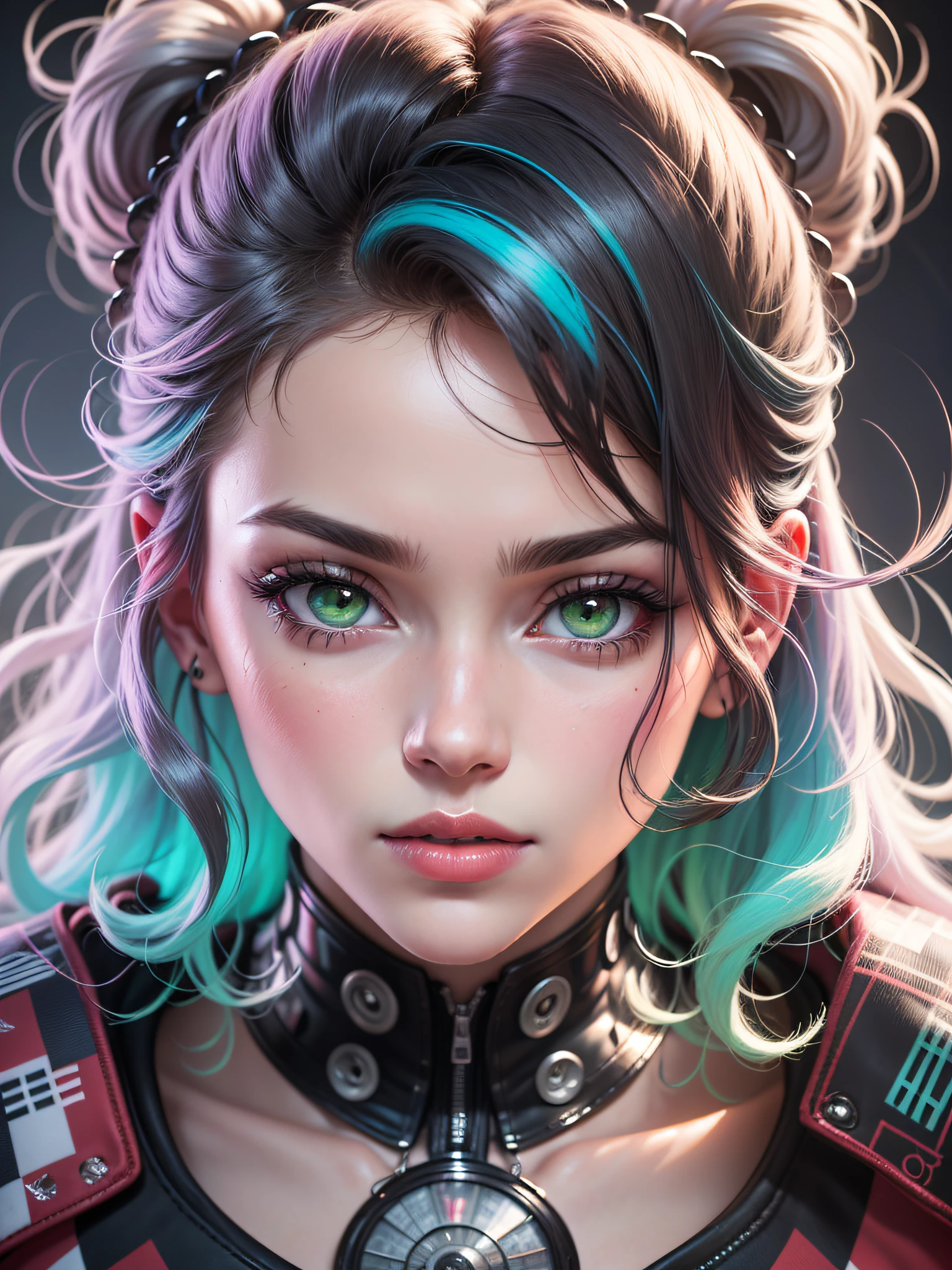 'Close up portait beautiful girl, prated hair, green eyes, in modern fighting costume, hyper realistic, pastel colors, complementary colors, soft colors, vibrant colors, dramatic colors, vaporwave, retrowave, black and white, colorfull, artochrome, highly detailed, 4K'