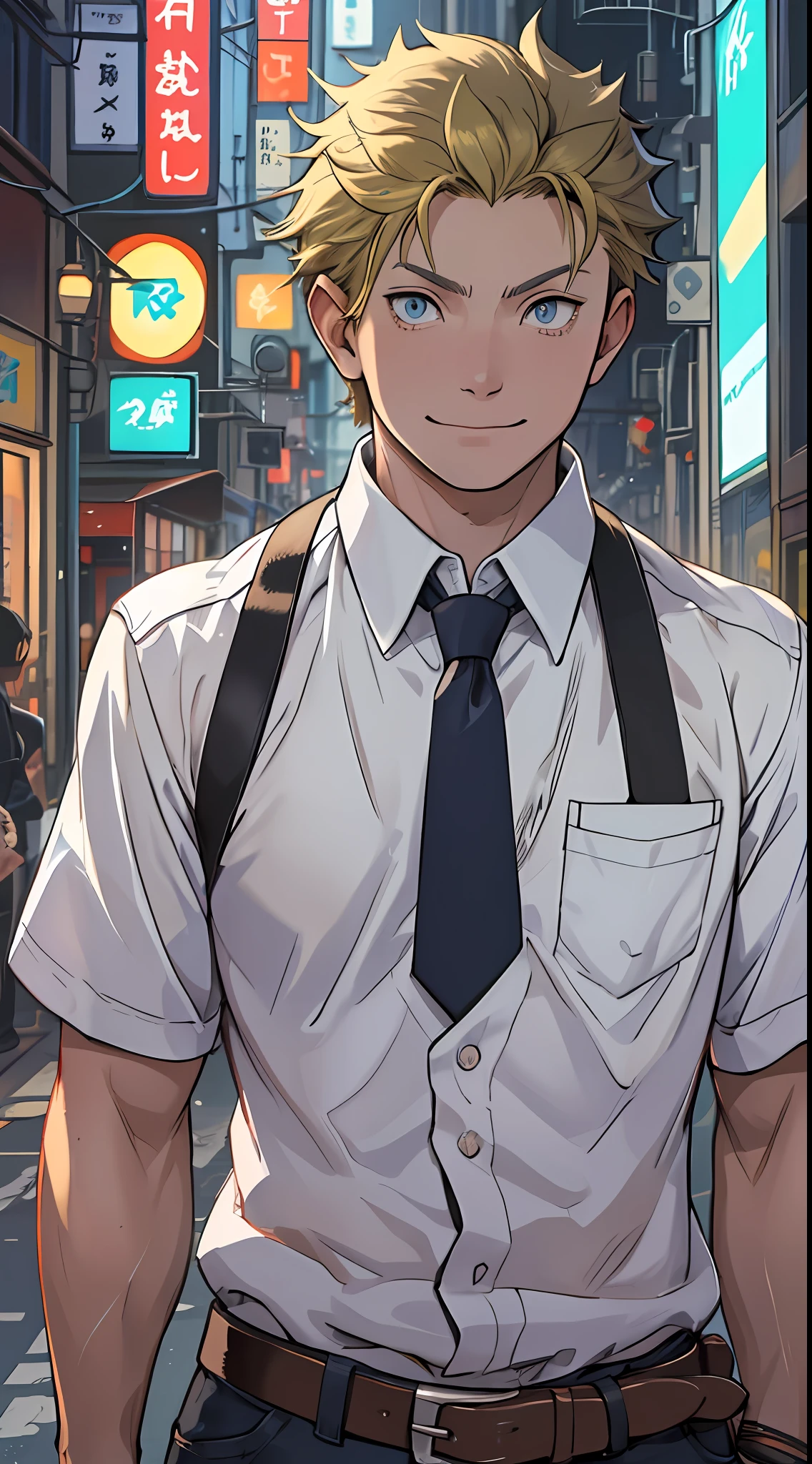 （1 Adult male），A high resolution， Sharp focus， Pixiv masterpiece， （（Complicated details））， highly  detailed， natsuki_subaru， 1 man， ssmile，full bodyesbian，Reached， blue color eyes（eyes glowing）， Short yellow hair，white  shirt，Wear a tie，Wear a belt，perspire，look from down