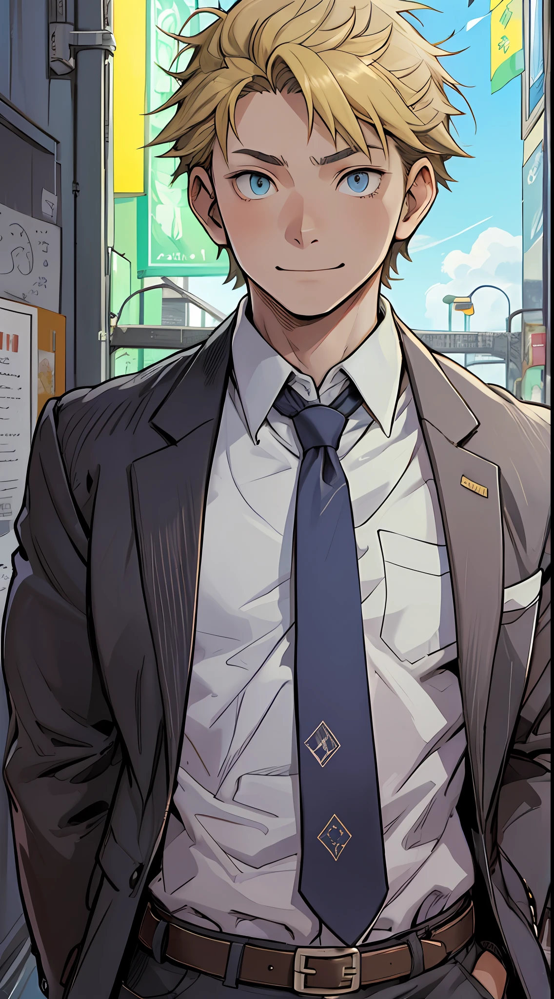 （1 Adult male），A high resolution， Sharp focus， Pixiv masterpiece， （（Complicated details））， highly  detailed， natsuki_subaru， 1 man， ssmile，full bodyesbian，Reached， blue color eyes（eyes glowing）， Short yellow hair，white  shirt，Wear a tie，Wear a belt，perspire，look from down