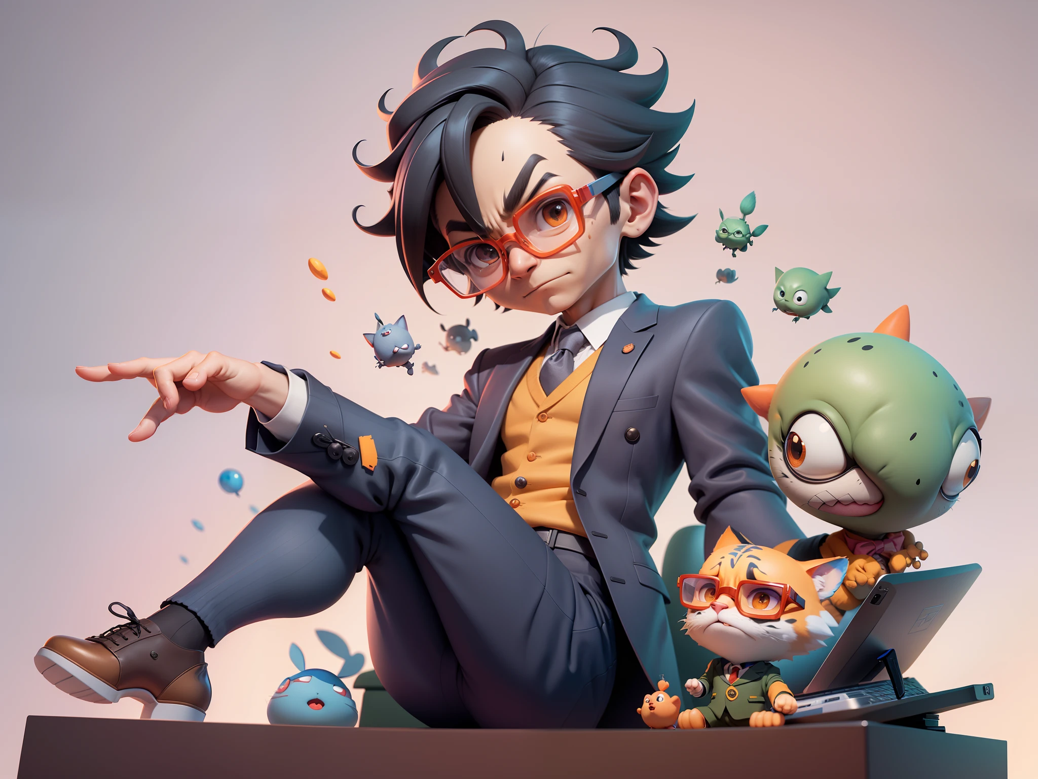 A young man in a suit, Short hair and glasses sat at his desk,holding laptop,digitial painting,tigre,3D character design by Mark Clairen and Pixar and Hayao Miyazaki and Akira Toriyama,4K HD illustration,Very detailed facial features and cartoon-style visuals。