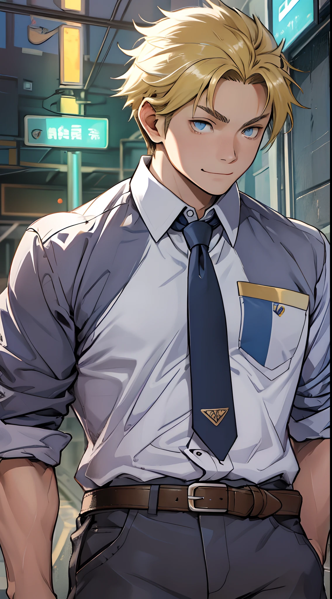 (1 Adult male),A high resolution, Sharp focus, Pixiv masterpiece, ((Complicated details)), highly detailed, natsuki_subaru, 1 man, ssmile,full bodyesbian,Reached, blue color eyes(eyes glowing), Short yellow hair,white shirt,Wear a tie,Wear a belt,perspire,look from down