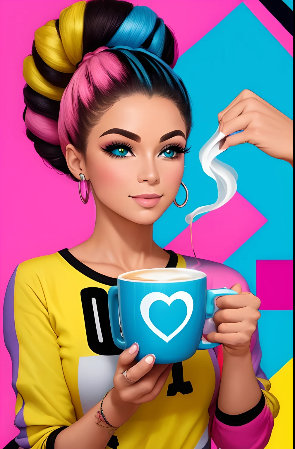 (A BEAUTIFUL HAPPY CAUCASIAN WOMAN WITH A CUP OF COFFEE COMING OUT SMOKE IN HER HAND, Beautiful cup ,Coloridas ,PINK and blue and yellow WRITTEN WE COOFFE IN THE CUP ), Eduardo Kobra ,Romero Brito,The Filling Twins ,multidimensional geometric wall PORTRAIT, arte, Chibi,
Yang08k, lindo, Colouring,
Primary works, qualidade superior, melhor qualidade, Arte Oficial, Beautiful and Aesthetic, 128 mil