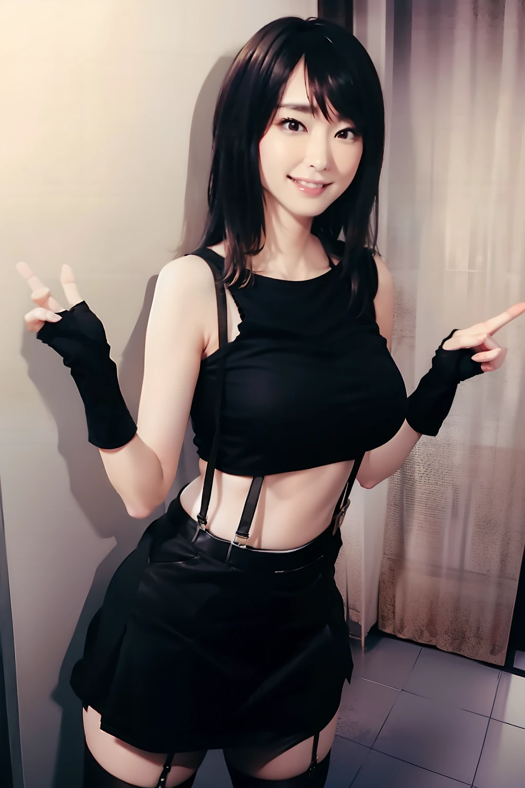 Colossal tits suspenders garters A smile Black stockings Black tank top a miniskirt Brown hair Gray eyes flank raise two hands flank