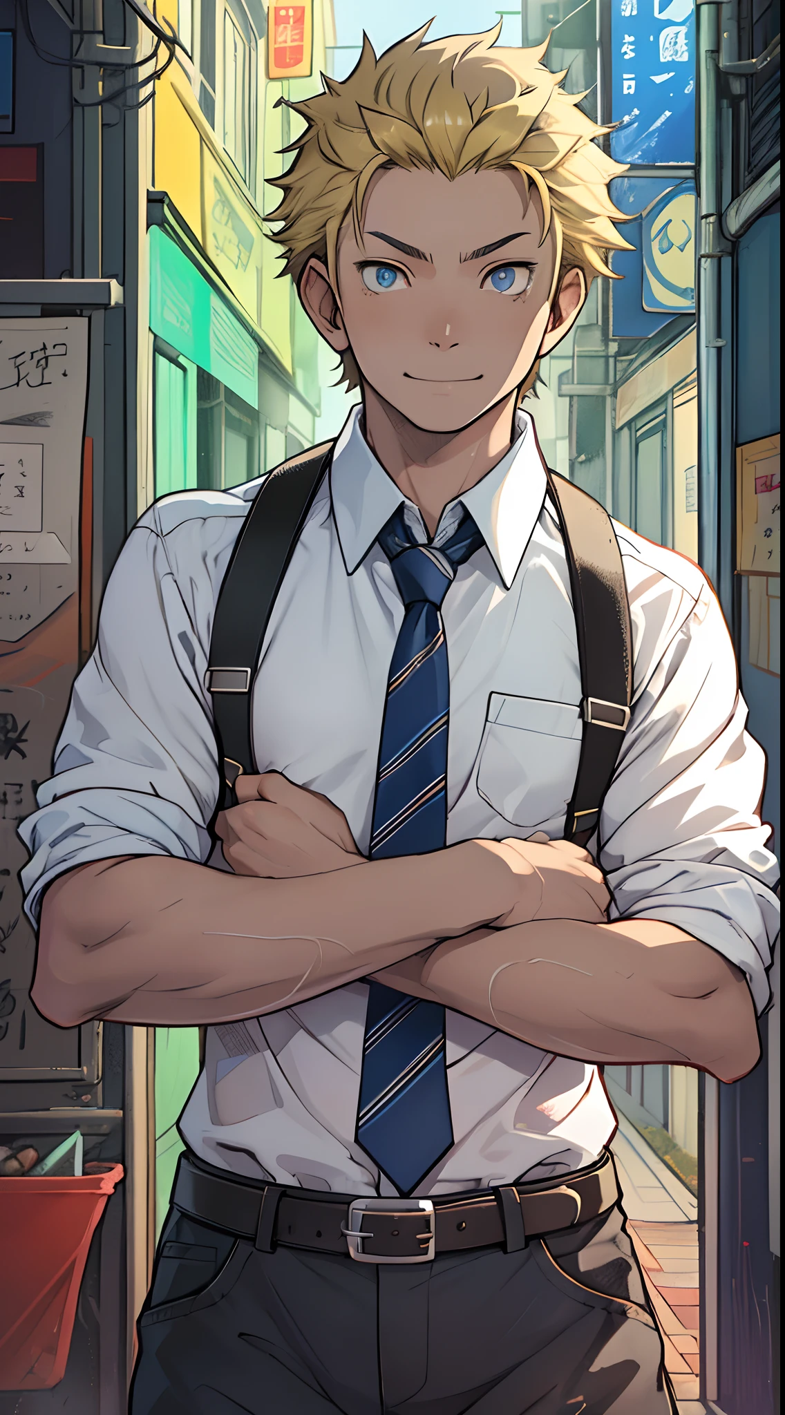 (1 Adult male),A high resolution, Sharp focus, Pixiv masterpiece, ((Complicated details)), highly detailed, natsuki_subaru, 1 man, ssmile,full bodyesbian,Reached, blue color eyes(eyes glowing), Short yellow hair,white shirt,Wear a tie,Wear a belt,perspire,look from down