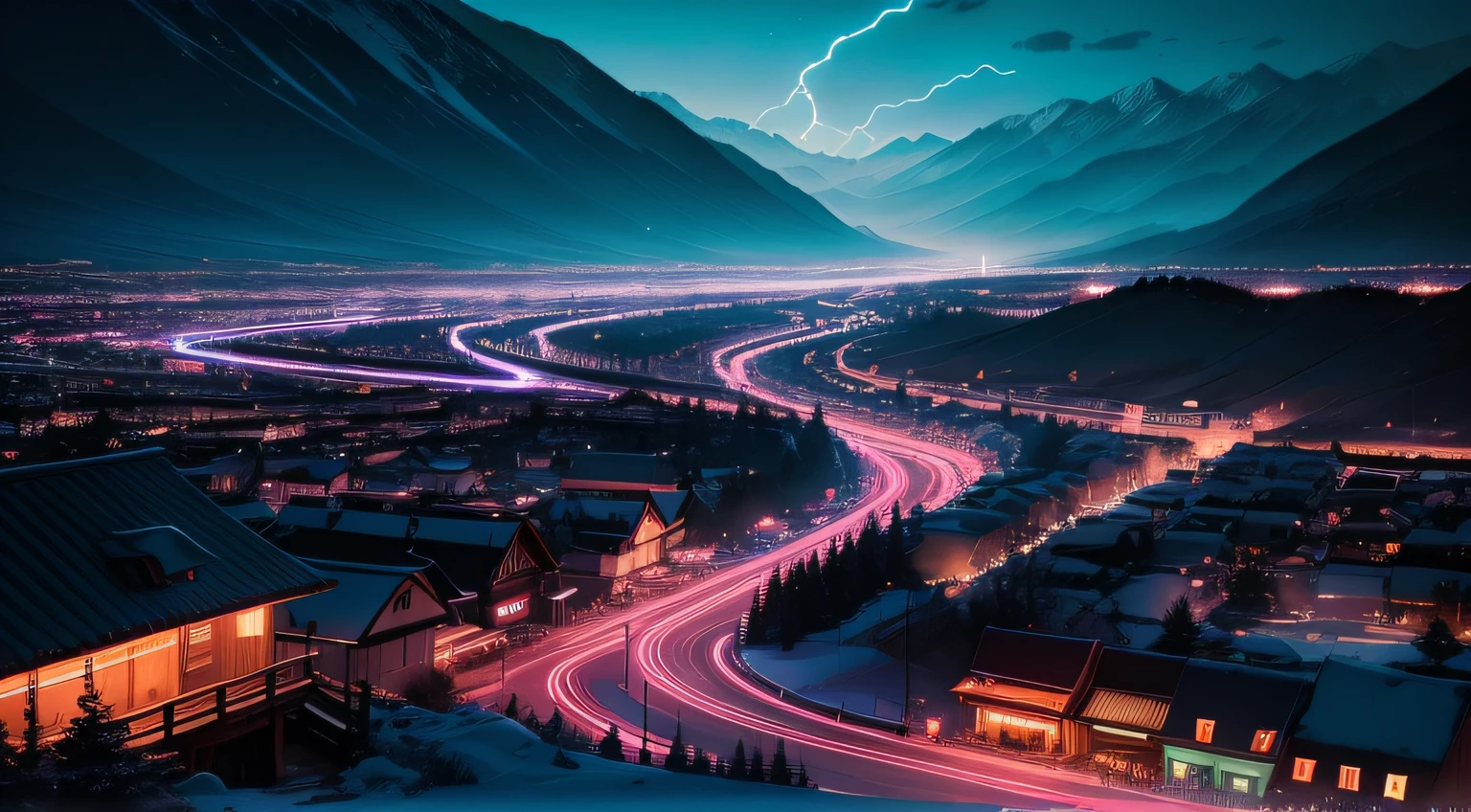 A hot spring town illuminated by neon lights at night