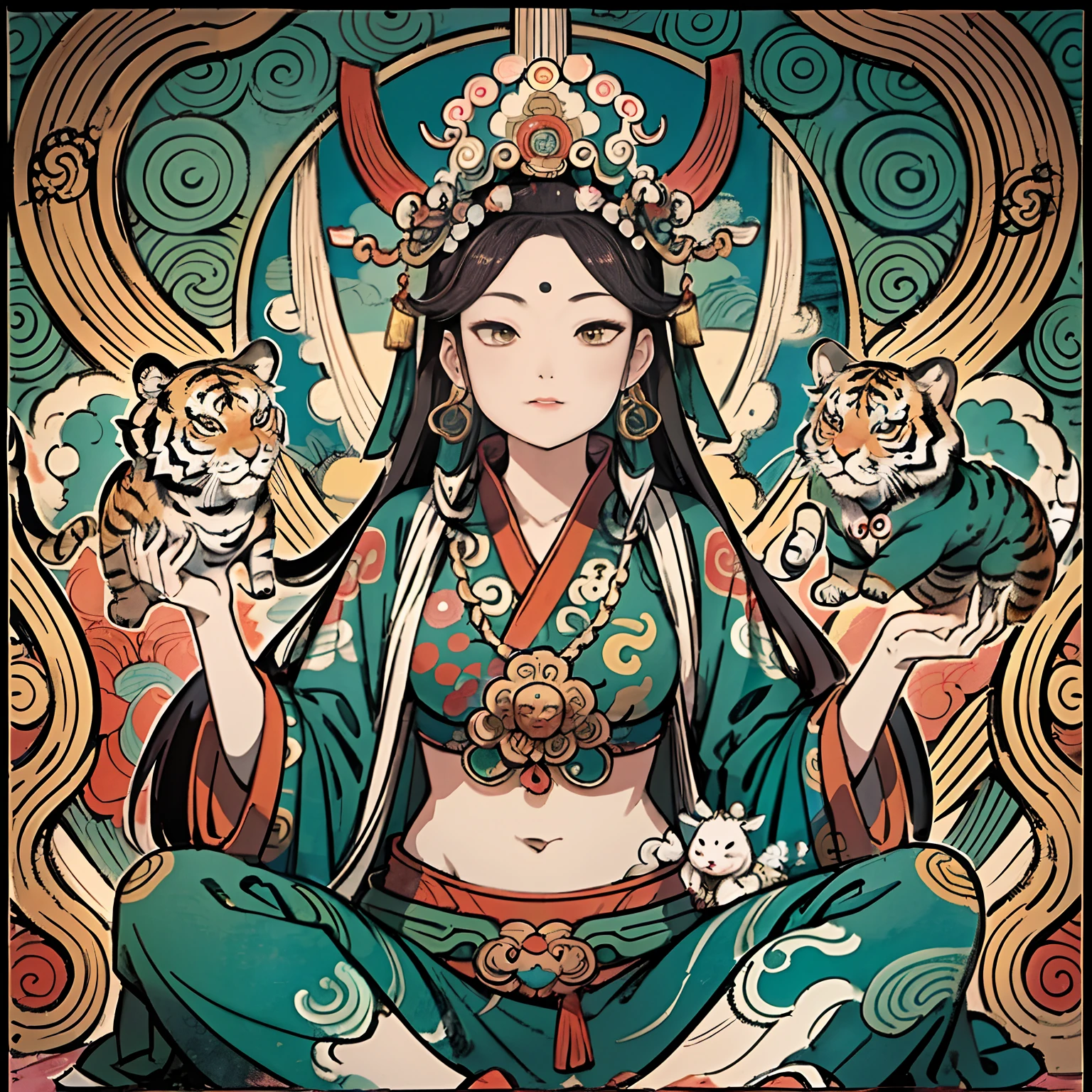 an ancient Chinese goddess, guanyin of the southern seas, Guanyin, Inspired by India, Avalokiteshvara Bodhisattva Tiger,,Serene expression,shui mo hua,Buddha,Buddhist,Lotus,Chinese painting style,Thangka style