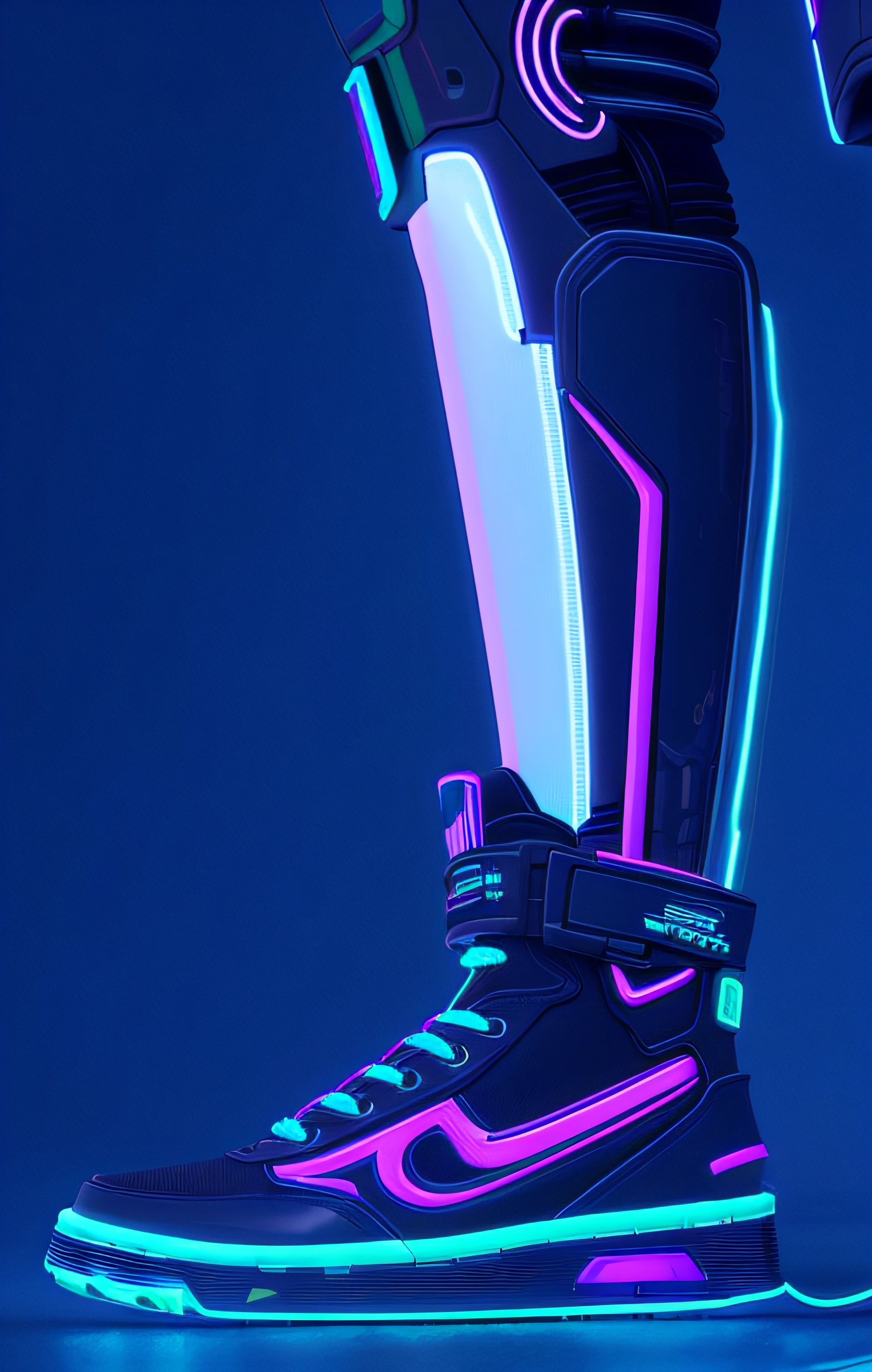 A close-up of a pair of shoes with a futuristic design, Zapatillas futuristas, cybernetic legs, Neon scales and cyborg technology, Cybernetic Extremities, Neon cybernetic implants, cyborg tech on body and legs, Vaporwave Sci - Fi, Pie robot gigante, Futuristic high-tech details, Cyberpunk Vaporwave, Vaporwave maximalista, Estilo cyberpunk hiperrealista