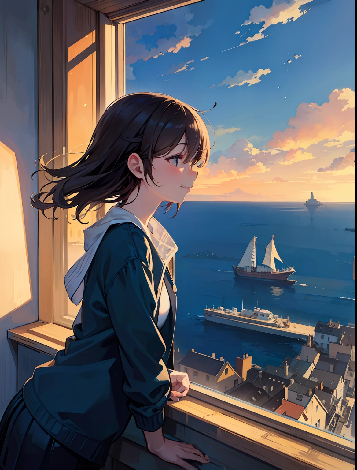 super fine illustration, best quality, girl at open window, listening intently, eyes closed, smiling, nostalgic atmosphere, visible sea, European-style cityscape, sound of waves.