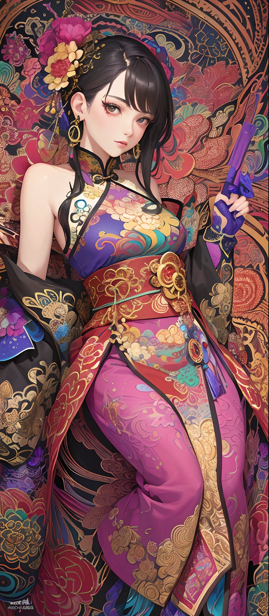 (masterpiece, top quality, best quality, official art, beautiful and aesthetic:1.2), (1girl:1.3), extremely detailed,(fractal art:1.1),(colorful:1.1)(flowers:1.3),highest detailed,(zentangle:1.2), (dynamic pose), (abstract background:1.3), (chinese Traditional cloth:1.2), (shiny skin), (many colors:1.4), ,(earrings:1.4),