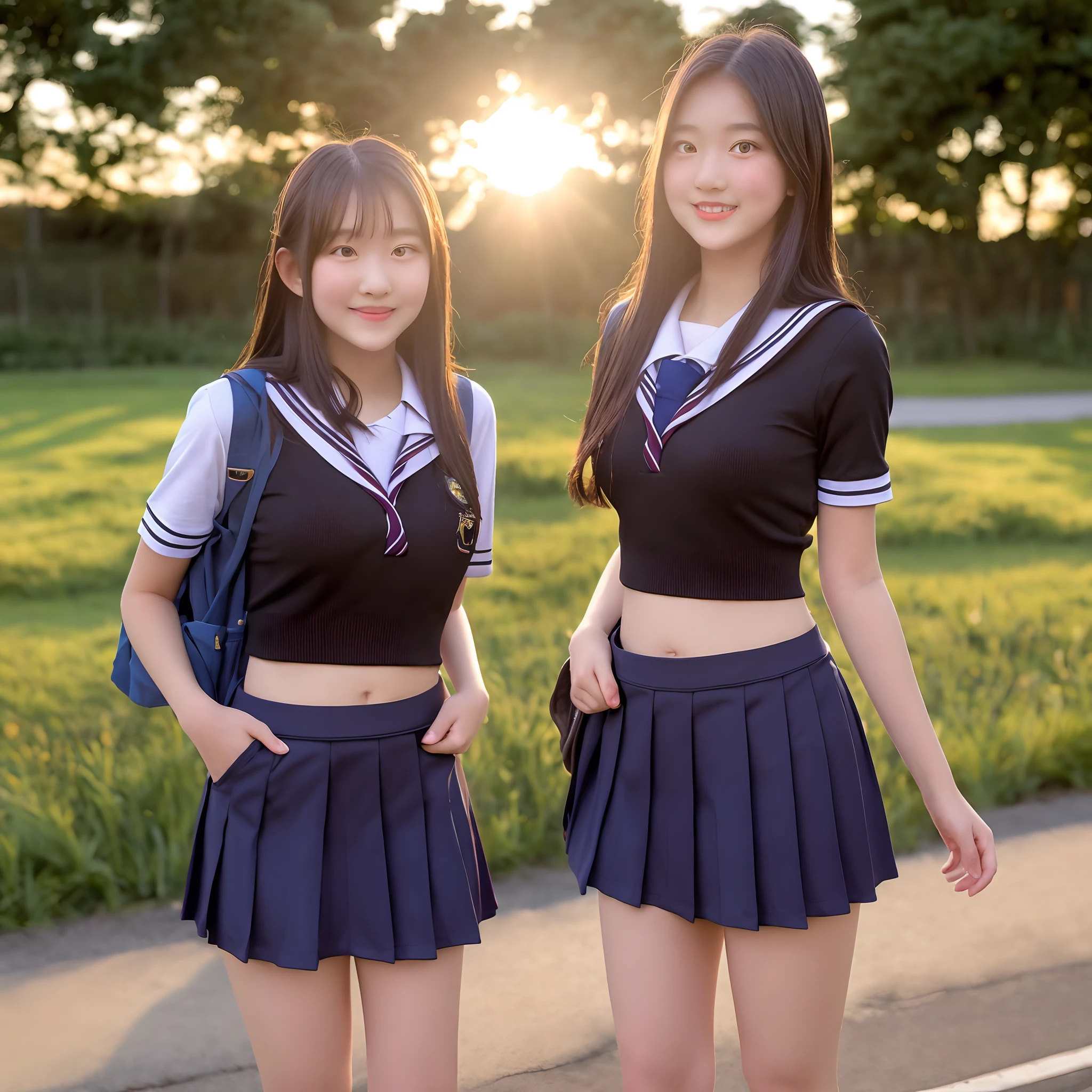 Girl going school wearing short skirt and short top full tight evening sun i setting