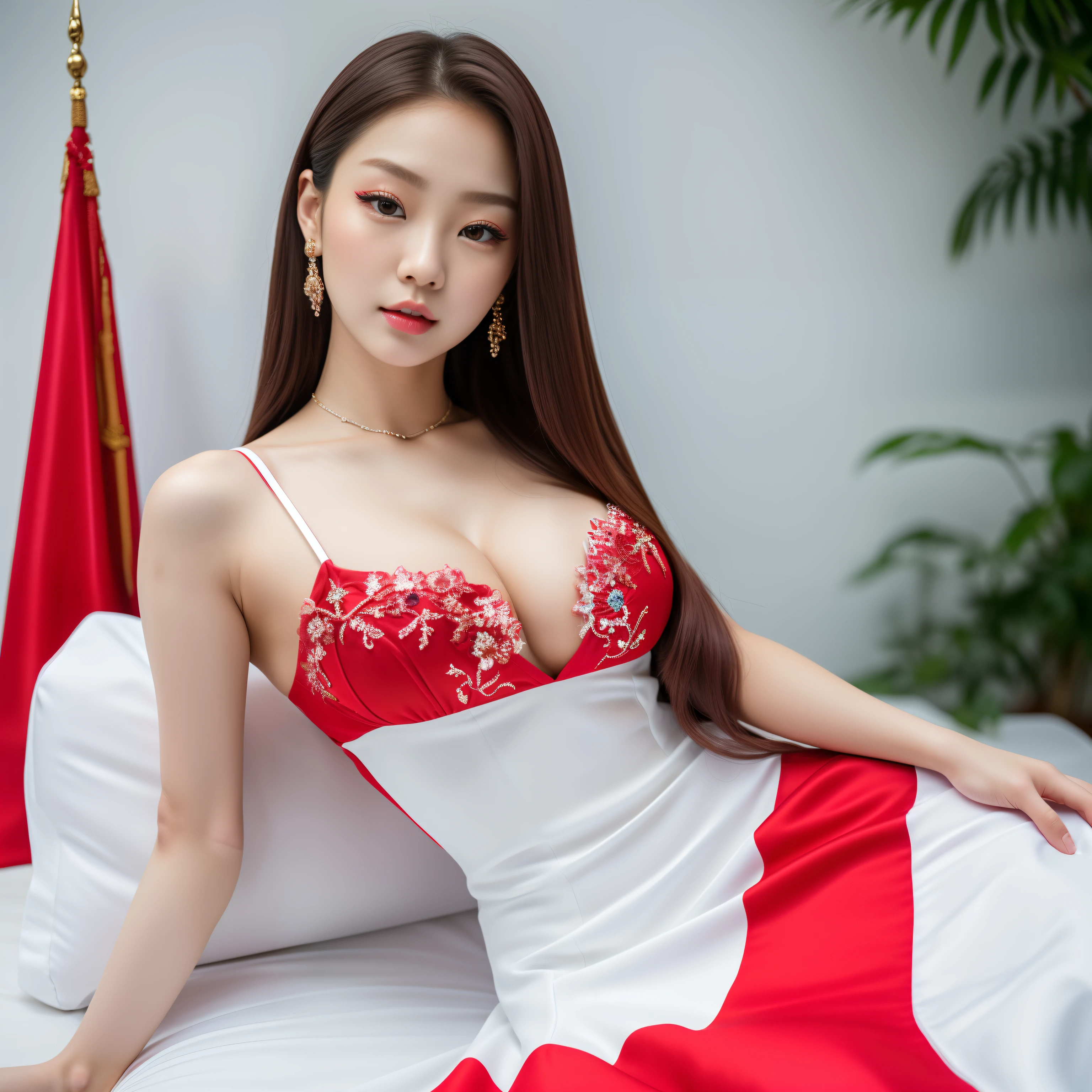 8K, (Fullbody:1,5),  photoshoot, (editorial photograph of a  woman like jennie kim face), hyper beautiful, double eyelids, slim abs, perfect tiny pointed nose, perfect natural lip color, (highly detailed face:1.4) (smile:0.7) (hyper bright white skin)(gigantic big breasts), (ultra expose cleavage : 1.2),  (straight long elegant hairstyle), ( face), wearing elegant red white dress ,  hold a small indonesia flag, (nikon d850, film stock photograph ,4 kodak portrait 400 ,camera f1.6 lens ,hyper realistic ,lifelike texture, dramatic super bright lighting,