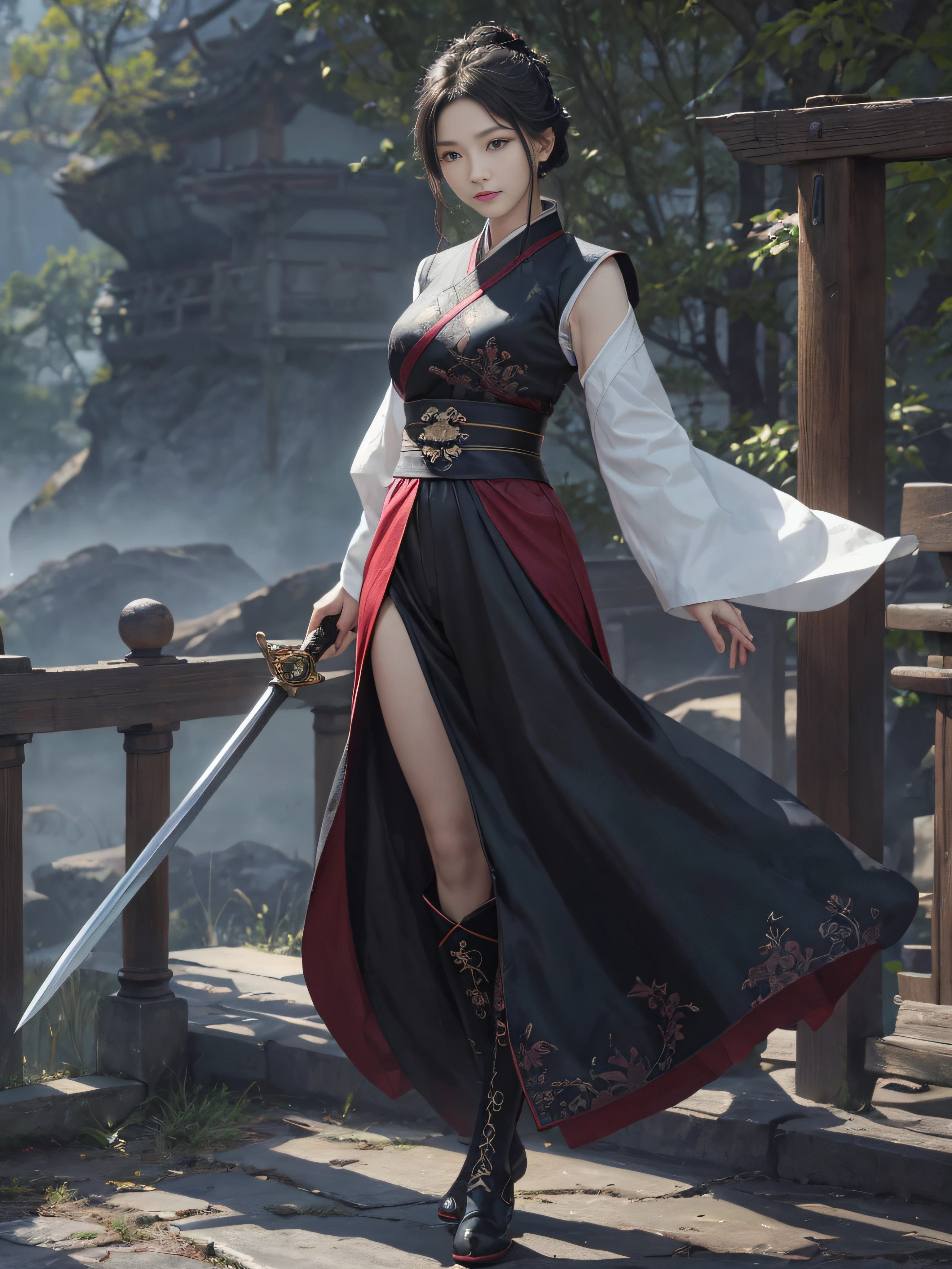 Royal sister,swordsmen,Big sister type,Oriental women,gallant woman,Cold sass,tmasterpiece,A high resolution,,Absolutely beautiful,,looking toward the viewer,frontage(Wide buttock:1.4),(Thick legs:1.4),are standing,exquisitedetails,A high resolution,Wallpapers,1female,独奏,,enchanted、Raised sexy, cruel grin,ancient wind,Hanfu,,Black all over,dark,Wear long pants,Wear boots,embroidery, natural poses,standing on your feet, Fanning,16K,HDR,A high resolution,depth of fields,Bocoon,prime time,Vignette,rainbowing
