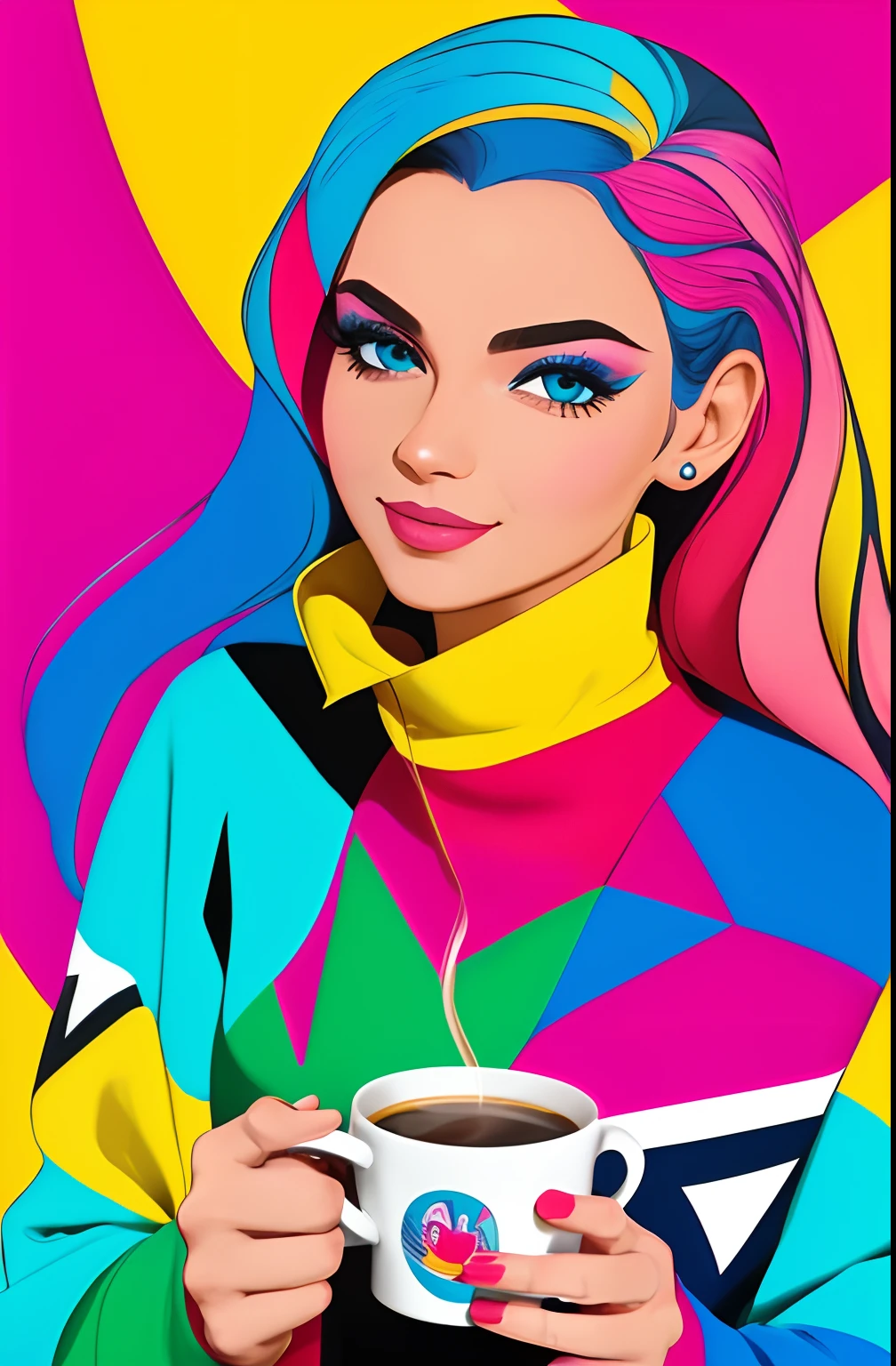 (A BEAUTIFUL HAPPY CAUCASIAN WOMAN WITH A CUP OF COFFEE COMING OUT SMOKE IN HER HAND, Beautiful cup ,Coloridas ,PINK and blue and yellow WRITTEN WE COOFFE IN THE CUP ), Eduardo Kobra ,Romero Brito,The Filling Twins ,multidimensional geometric wall PORTRAIT, arte, Chibi,
Yang08k, lindo, Colouring,
Primary works, qualidade superior, melhor qualidade, Arte Oficial, Beautiful and Aesthetic, 128 mil