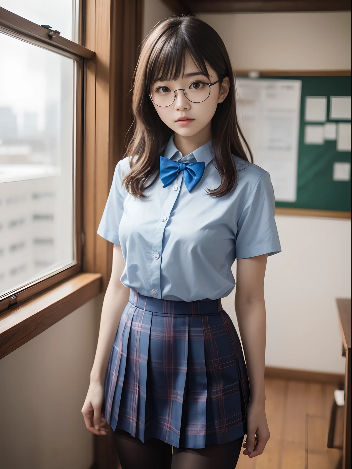 (8K、Raw photography、top-quality、masterpiece:1.2),(bob cuts),cocky,School,watching at viewers,Looking at the front,Muchimuchi,Erotic,Pupils,(Light Blue Bra,Bras showing through shirts),de pele branca,kne,(Black pantyhose),absurderes,a small face,small tits,flat breast,Parting the bangs from the middle、Forehead visible,(a cold expression,Tight eyes,glares,Bullish,skinny,Rasping,irate)、masterpiece,top-quality、超A high resolution,Raw photo,ren,Beautiful fece,One Person, 独奏,eye glass,,Dark look,Small breasts,fullllbody,Round glasses、cute little,JK school uniform,hi-school girl,A Japanese Lady,is standing,(Photorealsitic:1.37)、Photon mapping,Realistic、Beautie,Cute little face,Brown-eyed、Black socks、(Red bow tie)、Radio City、Physically Based Rendering、depth of fields、Blurry background、a picture,Body,teens girl,beauty legs, Long legs, Thin leg,(Bangs are visible), hair, s lips, Blue_The eye, nosesoft,(Light blue shirt), (Navy and blue and white plaid pleated skirt), Knees are visible,Sheer clothing,, Thigh, Black cotton socks,Nogizaka Idol, 女優, Japanese ido