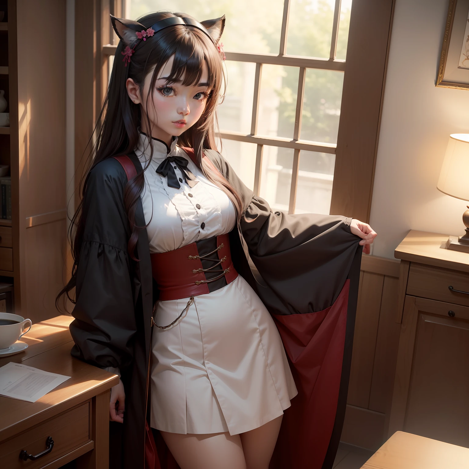 ((Extreme Wide Shot、cowboy  shot、Deep Focus、Eye level shots))、真实感、、Rim Lights、Rim Lighting、Rim Lights、natural soft light、sunlights、Volumetric lighting、Volumetric Lights、Volumetric Light、Volumetric、((hightquality:1.2、​masterpiece:1.2))、absurderes、hight resolution、(8K分辨率)、8k、8Kless、8K分辨率、Detailed and complex、intricate-detail、high intricate detailed、absurd amount of details、((looking at the viewers))、   详细的脸, 1girl in, 独奏,,, kawaii, Dolce, 裸女の子, , red-lips, middlebreast,