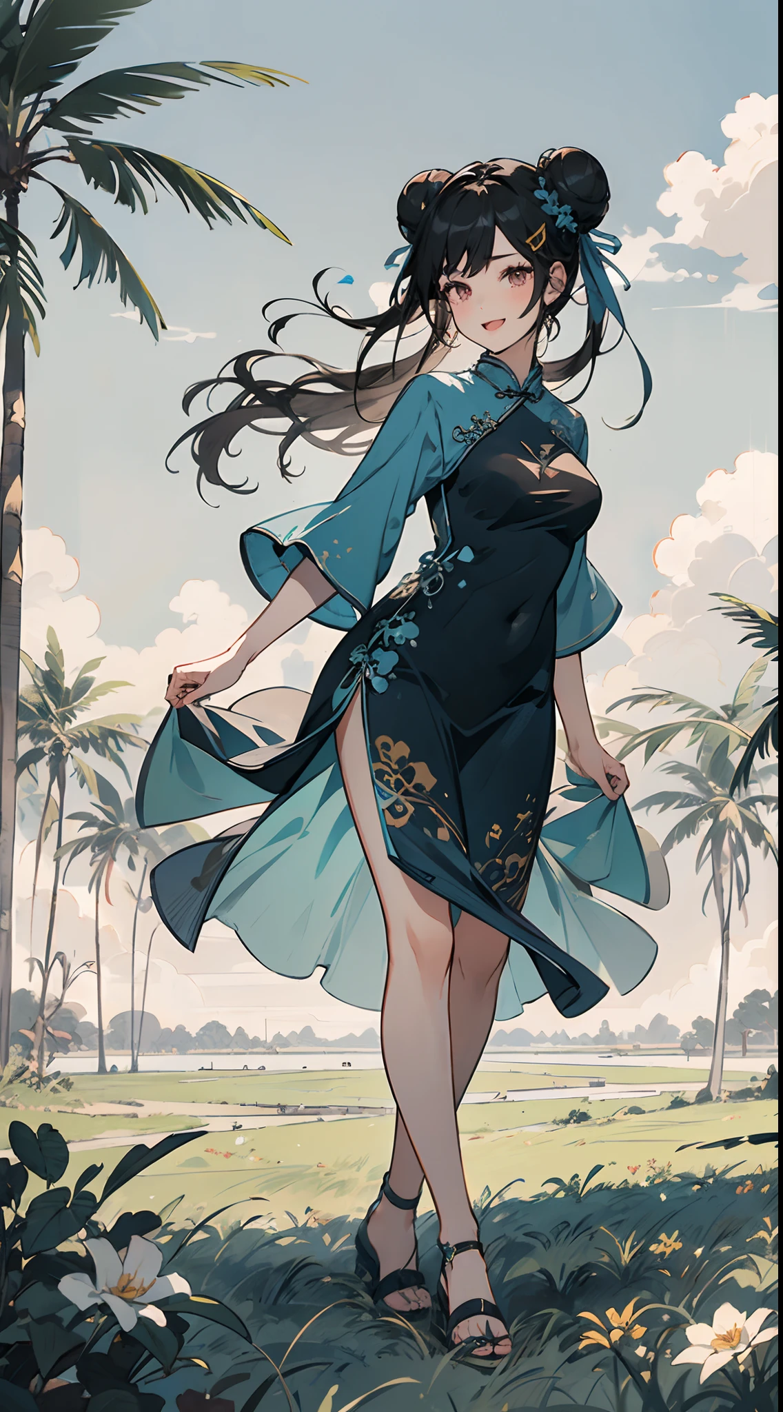 Masterpiece,Best quality, (1 girl, Blue split cheongsam, short- sleeved),Black hair, red color eyes, Medium length hair, 耳Nipple Ring, rainbowing, standing on your feet ,plateau, Blue sky, grassy fields, extreme detailed details, Open your mouth and smile, Double bun, Hairpins, plateau,lakes,Bare legged, cloth shoes,medium breast, look at viewers,