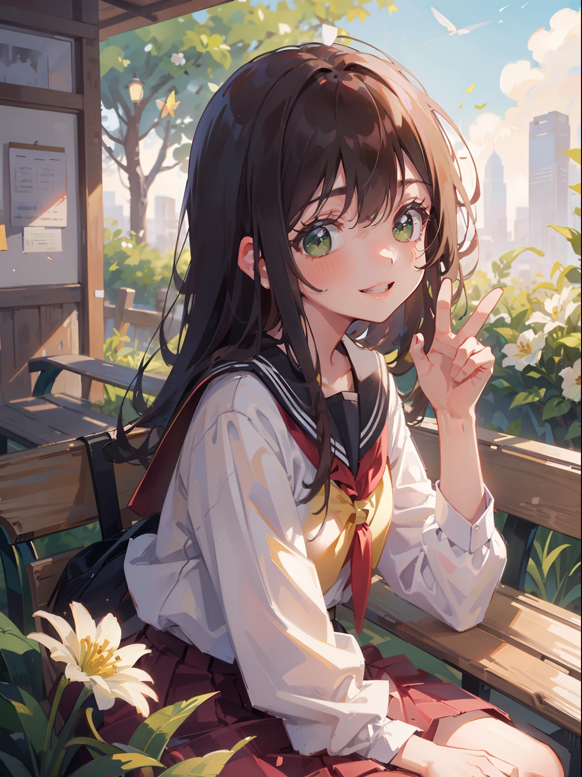 masterpiece), best quality, beautiful detailed hair detailed face, ultra high res, sharp focus, ((1 woman, solo)), perfect feminine face, upper body, medium long shot, MLS, (at the noon time:1.5), (from side), in garden, ((sitting on the bench)), leaf, flowers, butterflies, look at viewer, (japanese uniform:1.2), ((beautiful shape eyes, green eyes)), chesnut brown hair, messy long hair, smiles, (perfect peace sign hand)