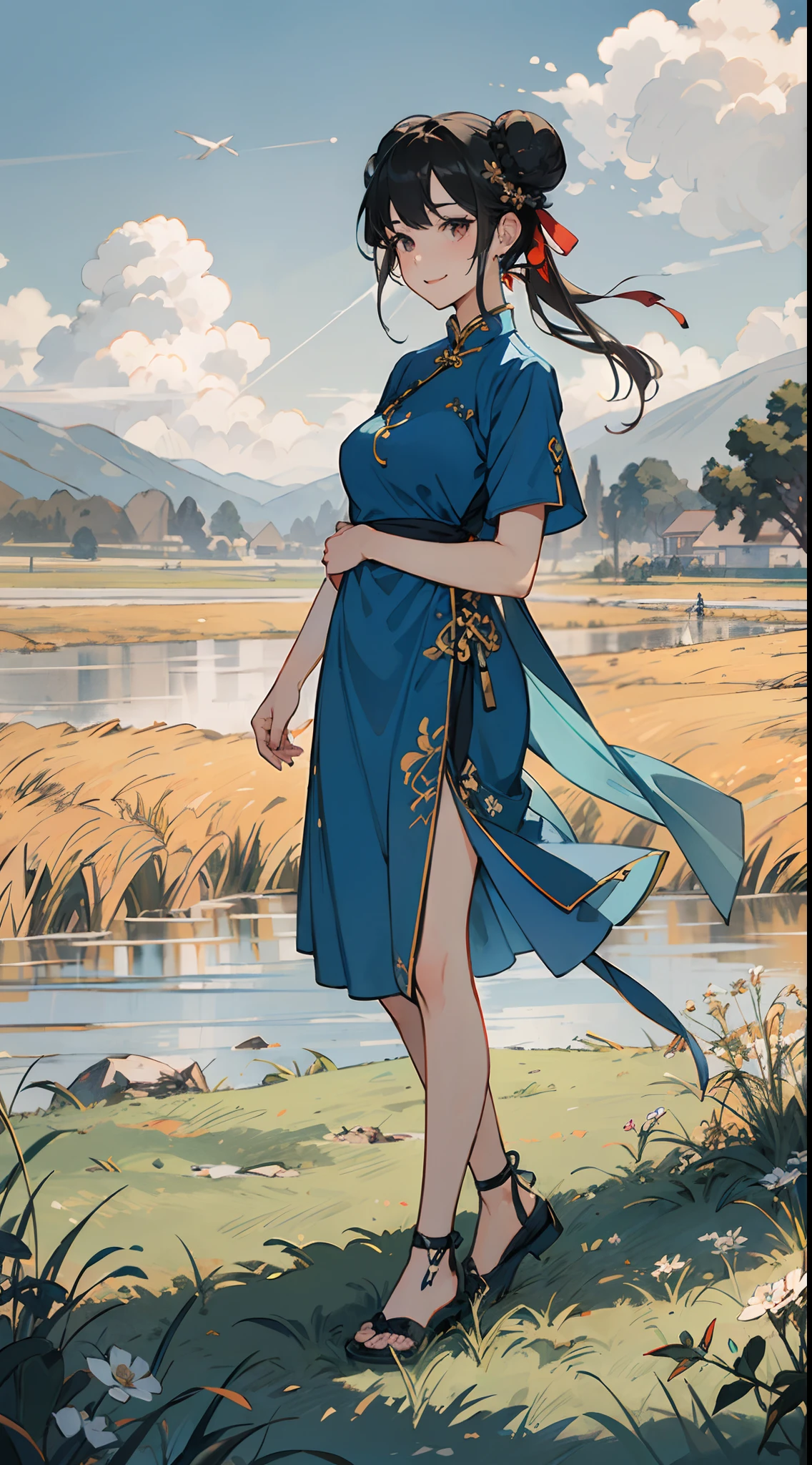 Masterpiece,Best quality, (1 girl, Blue split cheongsam, short- sleeved),Black hair, red color eyes, Medium length hair, 耳Nipple Ring, rainbowing, standing on your feet ,plateau, Blue sky, grassy fields, extreme detailed details, Open your mouth and smile, Double bun, Hairpins, plateau,lakes,Bare legged, cloth shoes,medium breast, look at viewers,