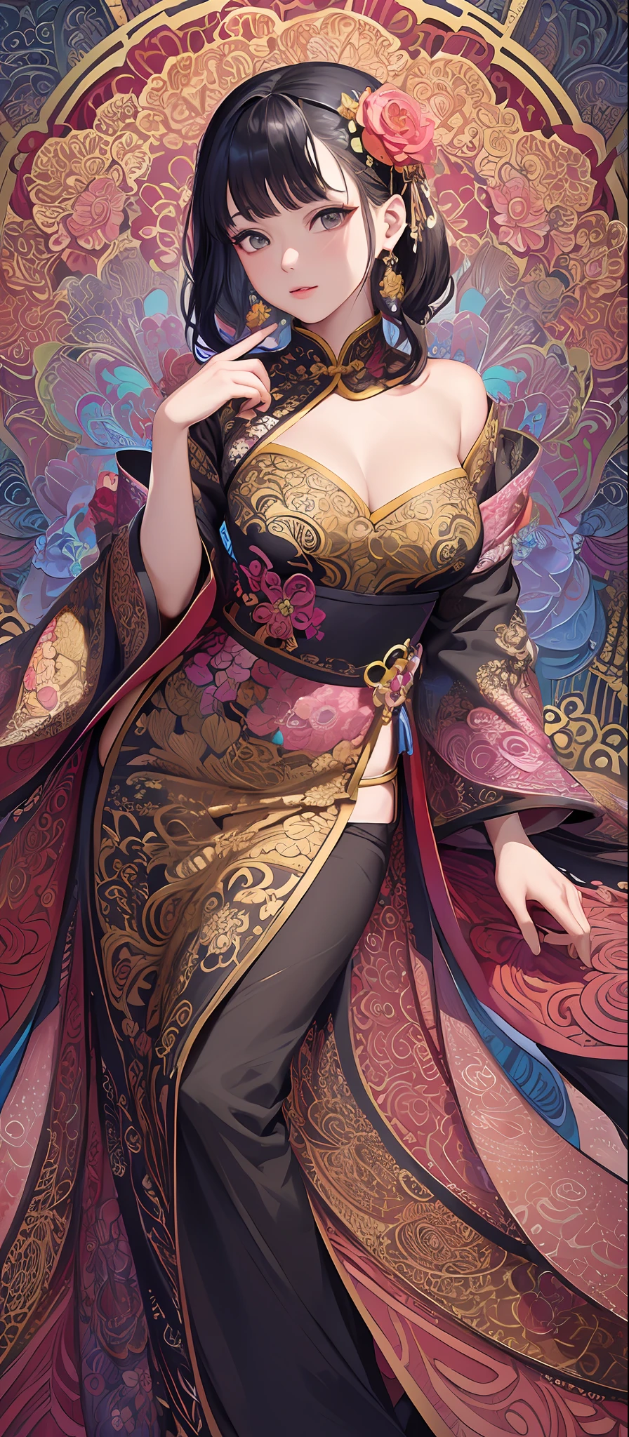 (masterpiece, top quality, best quality, official art, beautiful and aesthetic:1.2), (1girl:1.3), extremely detailed,(fractal art:1.1),(colorful:1.1)(flowers:1.3),highest detailed,(zentangle:1.2), (dynamic pose), (abstract background:1.3), (chinese Traditional cloth:1.2), (shiny skin), (many colors:1.4), ,(earrings:1.4),