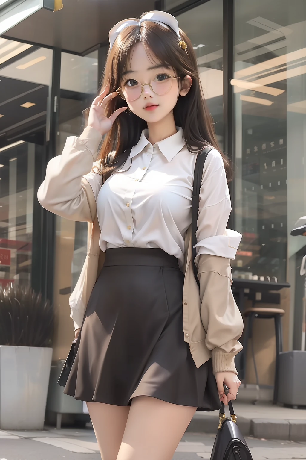 cute girl, oval face, mini skirt, white shirt, wearing golden-rim glasses.
