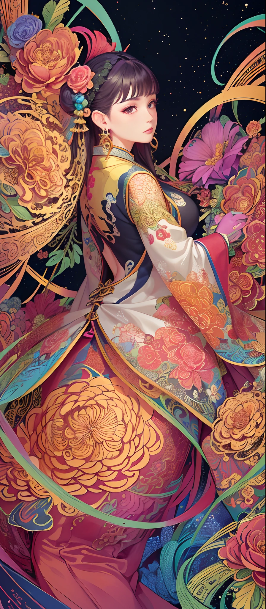 (masterpiece, top quality, best quality, official art, beautiful and aesthetic:1.2), (1girl:1.3), extremely detailed,(fractal art:1.1),(colorful:1.1)(flowers:1.3),highest detailed,(zentangle:1.2), (dynamic pose), (abstract background:1.3), (chinese Traditional cloth:1.2), (shiny skin), (many colors:1.4), ,(earrings:1.4),