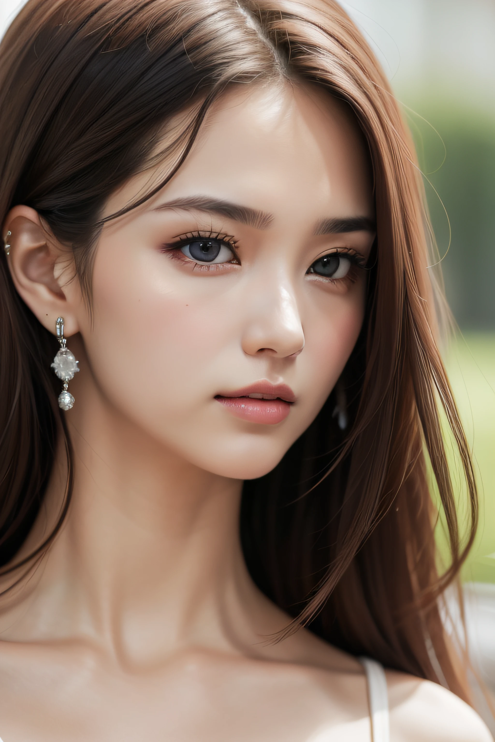 A pretty woman, delicate features directed gaze, Earrings