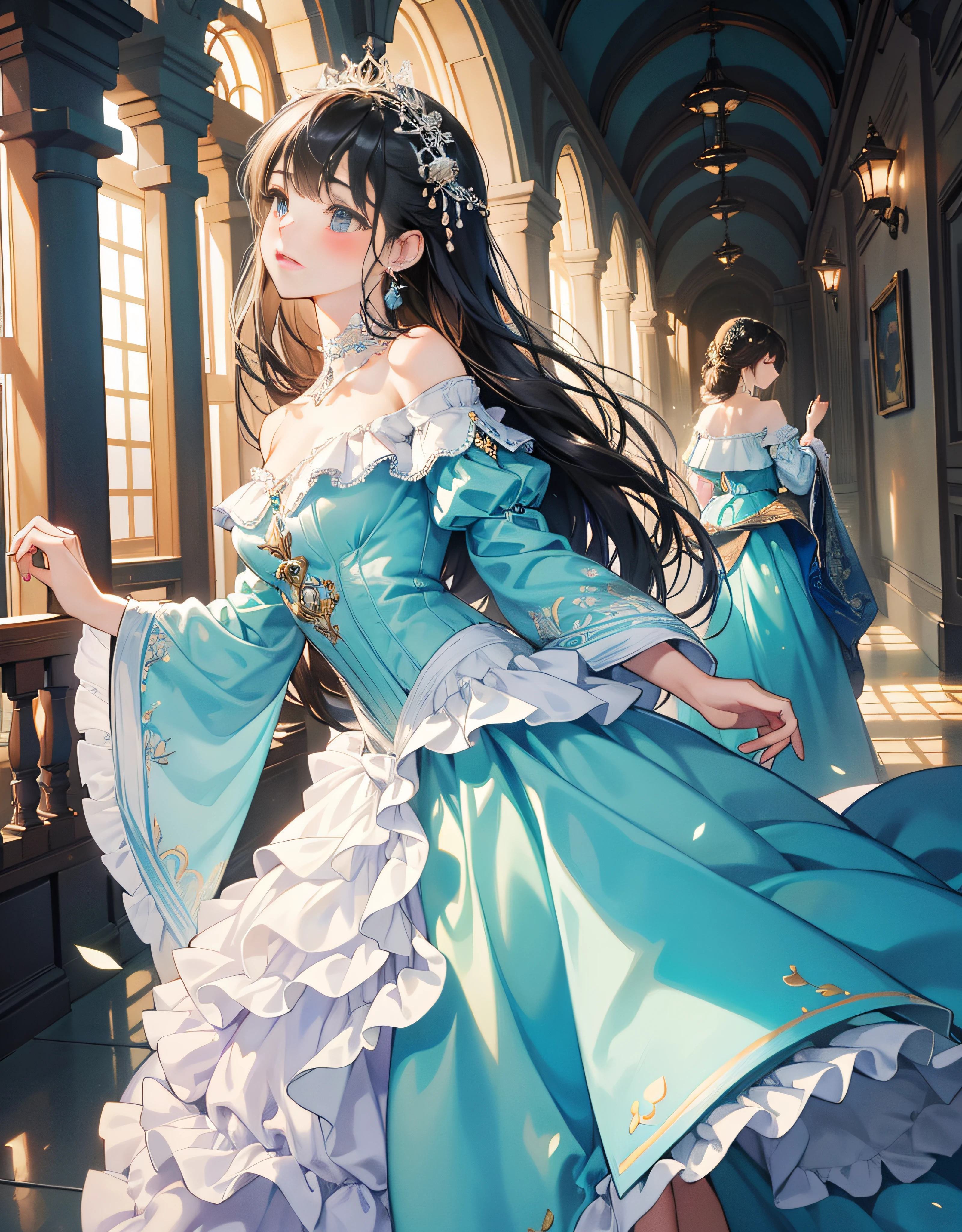 (masterpiece、top-quality、top-quality、Official Art、Beautifully Aesthetic)、princess、Adults、Beautie、Mature 1 Female、low angles、Longer dress,Ren Hao, embroideries、frilld、natta、Wedding dresses with delicate ruffles、borgar、up skirt、shuicolor、pearls、Beautiful fece、Mature and sexy woman、There is a good、extreme close - up、intricate detailes、Enlarged texture、Stunning clarity、Hidden beauty、artisanal creations、Handmade products、unique designs、intricate detailes、Creative expression、dance、Ruffled sleep、Dancing in the hall、nobles、Pedras preciosas、doress、魅惑的、breastsout、ornamented、the whole、Beautiful off-shoulder、Light blue dress、