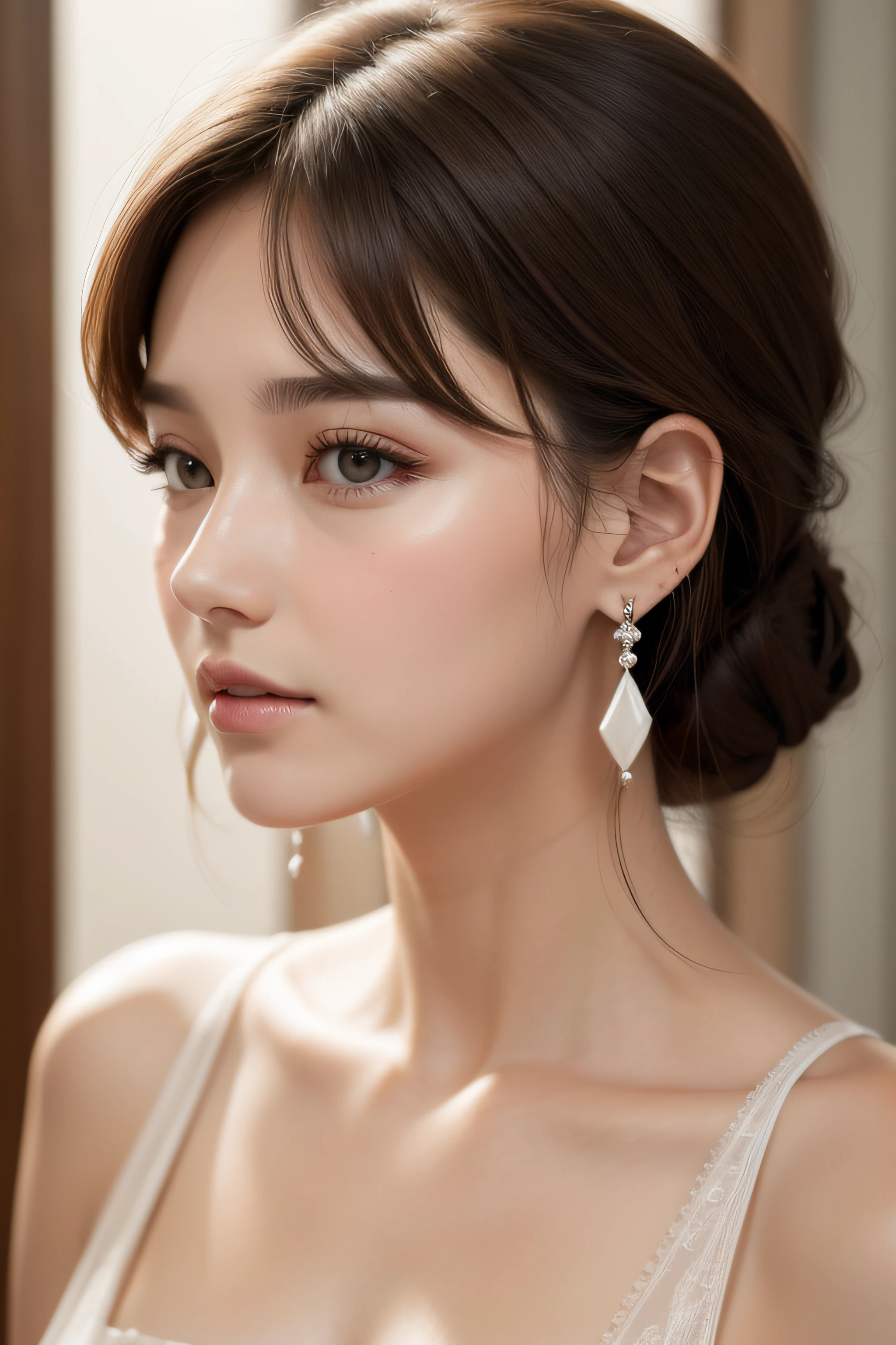 A pretty woman, delicate features directed gaze, Earrings