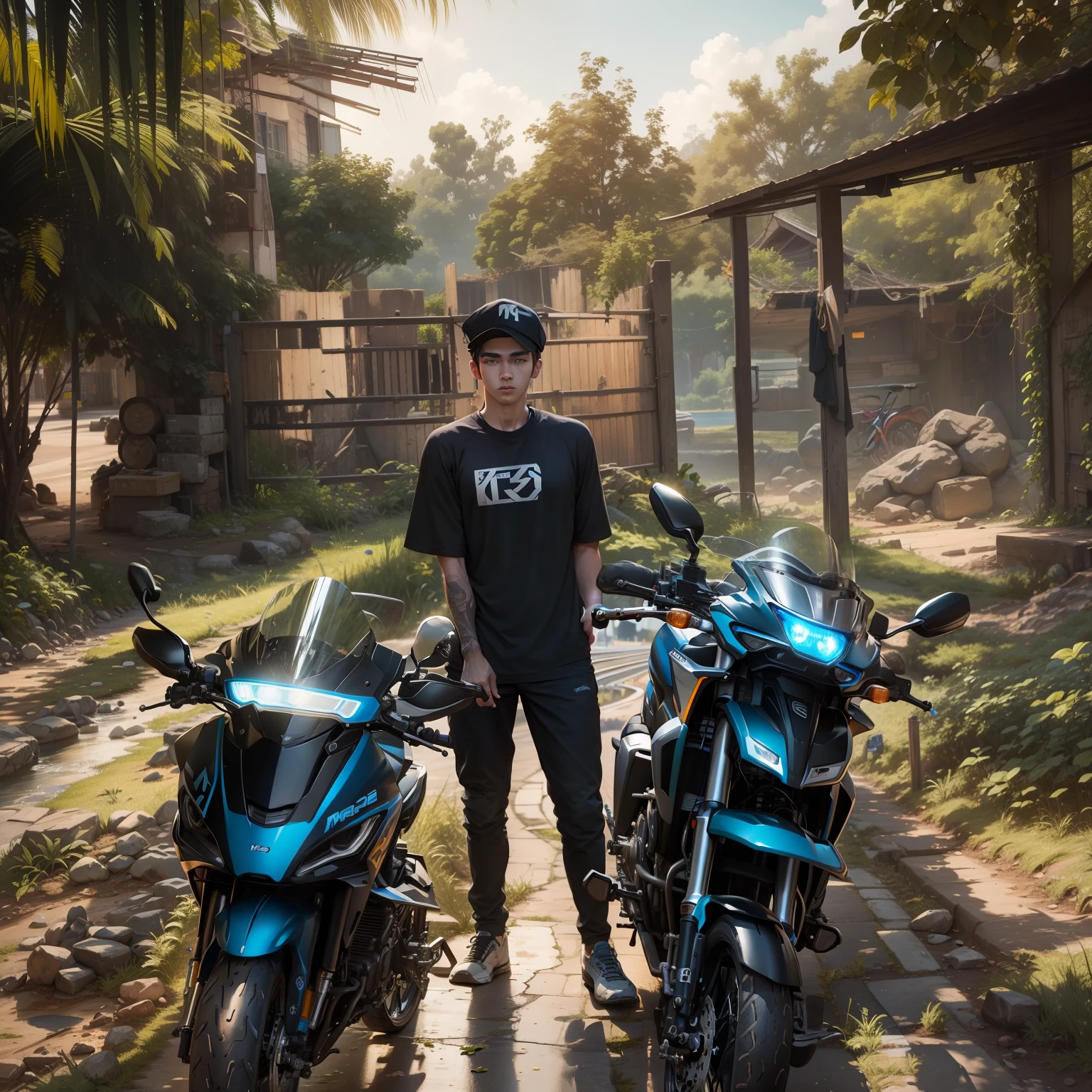 A handsome boy with R15 and mt15 bikes and realistic view and colour background and 8k resulation
