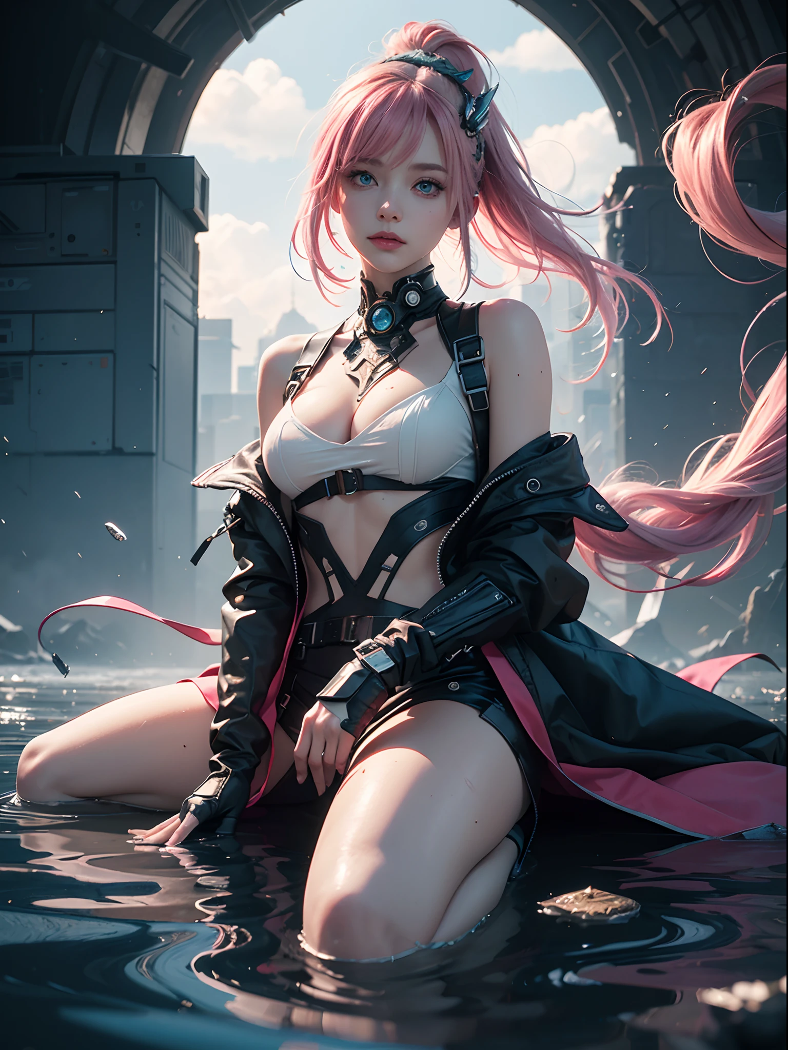 Unbeatable masterpiece, Ultra photo realsisim, Perfect artwork, Intricate details, Best quality, Strong light,High contrast,Cyberpunk , Quantum punk, Nano punk , (Machinary:1.3)(Masterpiece) , (Best quality) , (extremely detailed wallpaper CG unity 8k) , (best character detail:1.36) , marshes ,Oppressive skies , Dark clouds , (delicated lines:1.24), ([Specular reflection water]:1.37) , (fantasy) , cumulonimbus clouds , (The oppressive atmosphere of the host:1.14) , (Cold light:1.2) , Color splattering , Colorful , Pinkolo , full bodyesbian ,White background , Blue eyes , wariza , hair adornments , Simple background , cube hair ornament , Pink hair , 1girll , bangs , high high quality