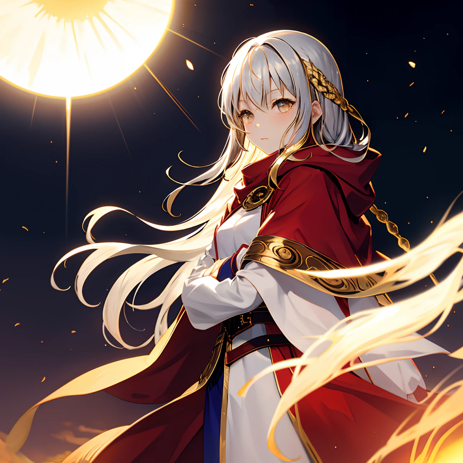 (sun),shakujou,desert,shine,shining,glow,gleam,highlight,girl,glowing hair,gold hair,silver hair,long hair,aura of light,red cloak