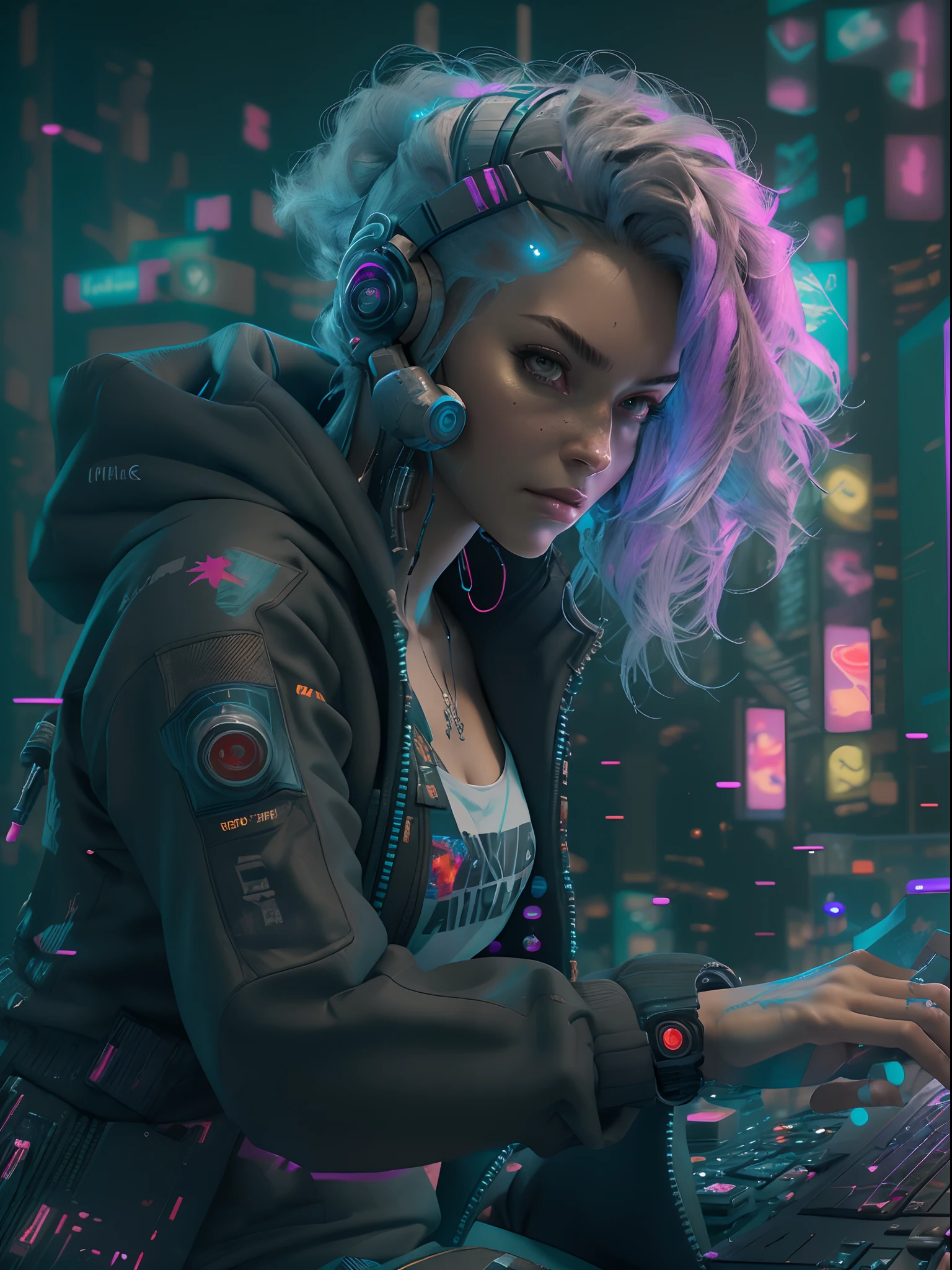 ((Best quality)), ((masterpiece)), (highly detailed:1.3), 3D, beautiful (cyberpunk:1.3) female hacker with thick voluminous hair operating a computer terminal, computer servers, LCD screens, fibre optic cables, corporate logos,HDR (High Dynamic Range),Ray Tracing,NVIDIA RTX,Super-Resolution,Unreal 5,Subsurface scattering,PBR Texturing,Post-processing,Anisotropic Filtering,Depth-of-field,Maximum clarity and sharpness,Multi-layered textures,Albedo and Specular maps,Surface shading,Accurate simulation of light-material interaction,Perfect proportions,Octane Render,Two-tone lighting,Low ISO,White balance,Rule of thirds,Wide aperature,8K RAW,Efficient Sub-Pixel,sub-pixel convolution,luminescent particles,