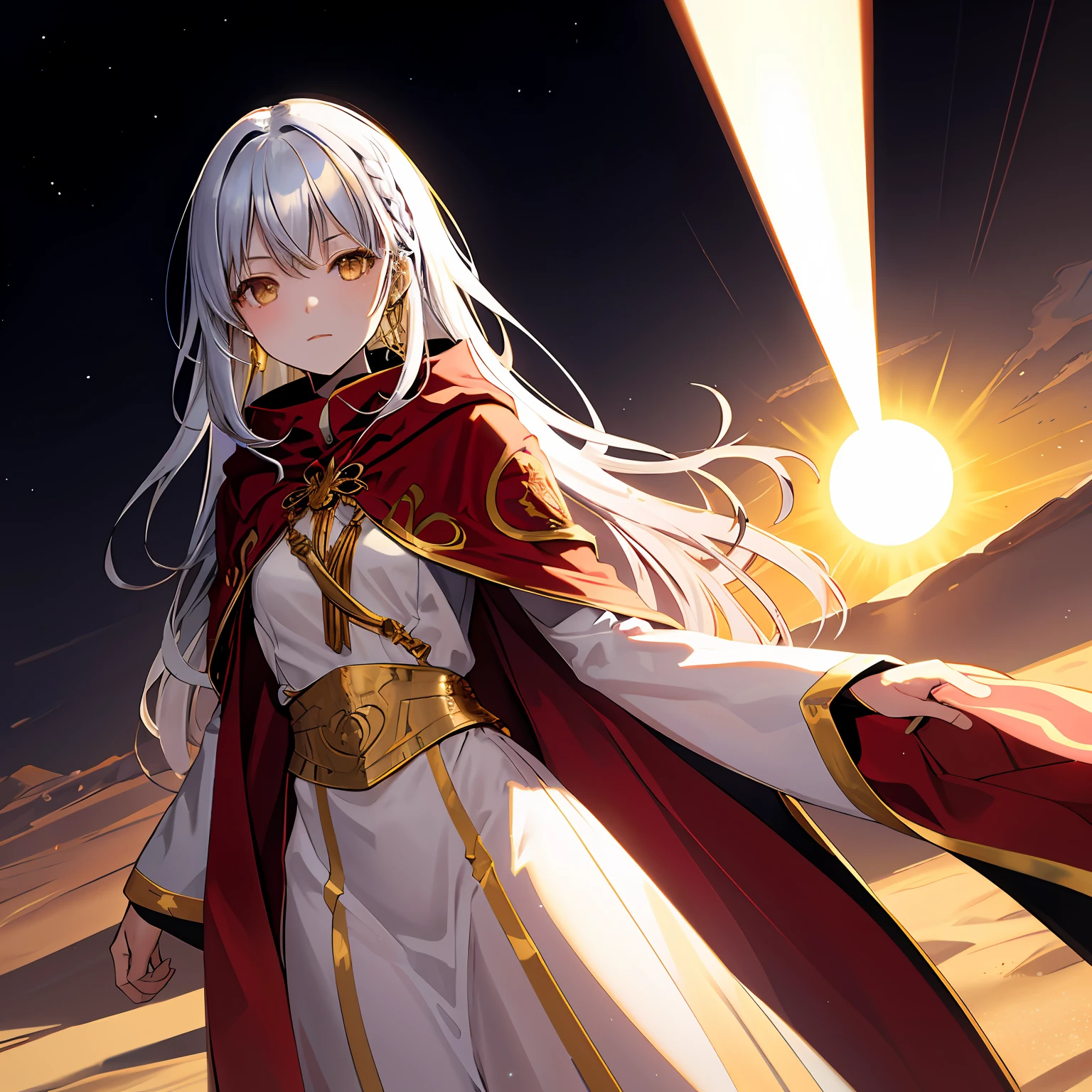 (sun),shakujou,desert,shine,shining,glow,gleam,highlight,girl,glowing hair,gold hair,silver hair,long hair,aura of light,red cloak