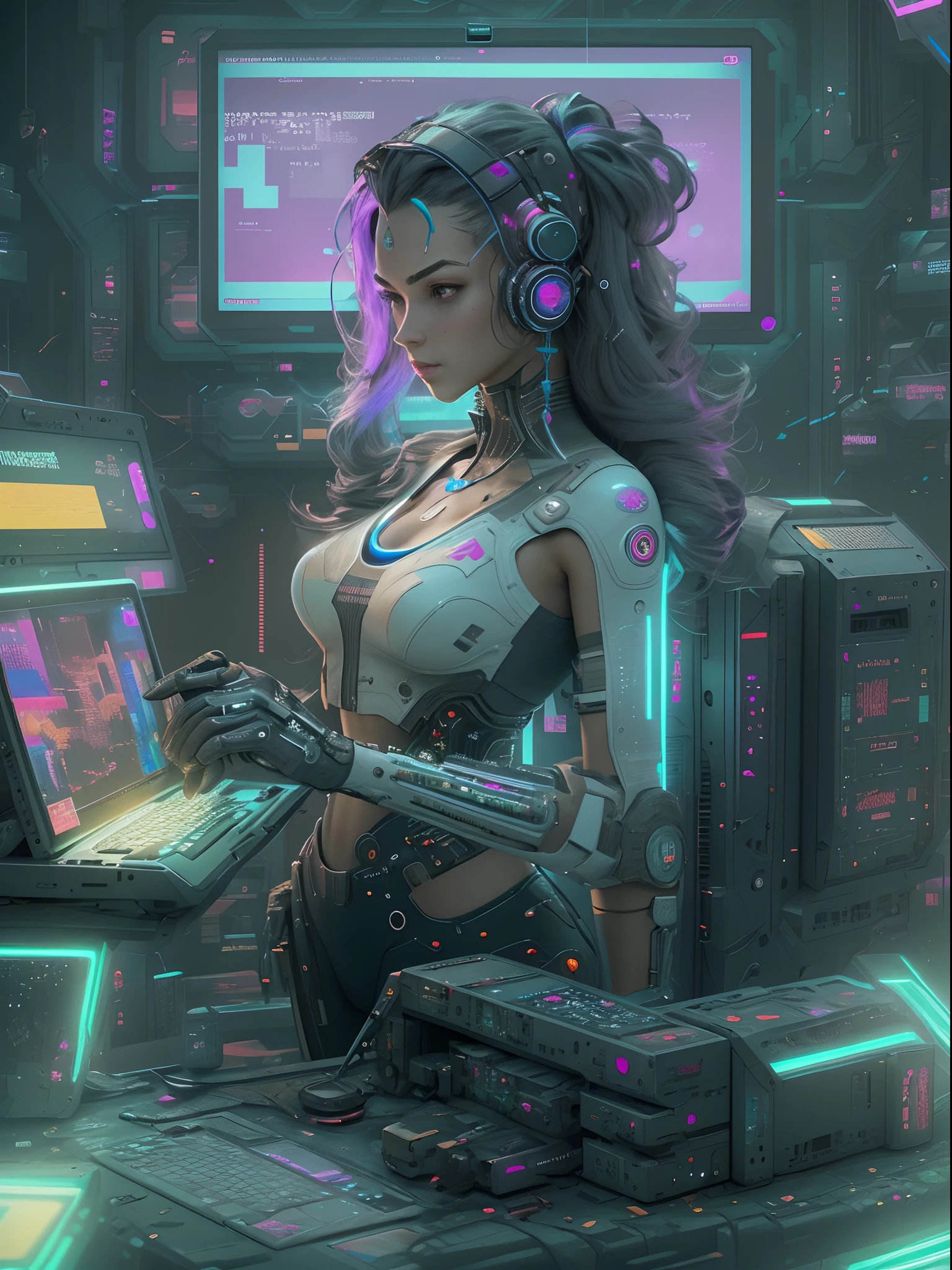 ((Best quality)), ((masterpiece)), (highly detailed:1.3), 3D, beautiful (cyberpunk:1.3) female hacker with thick voluminous hair operating a computer terminal, computer servers, LCD screens, fibre optic cables, corporate logos,HDR (High Dynamic Range),Ray Tracing,NVIDIA RTX,Super-Resolution,Unreal 5,Subsurface scattering,PBR Texturing,Post-processing,Anisotropic Filtering,Depth-of-field,Maximum clarity and sharpness,Multi-layered textures,Albedo and Specular maps,Surface shading,Accurate simulation of light-material interaction,Perfect proportions,Octane Render,Two-tone lighting,Low ISO,White balance,Rule of thirds,Wide aperature,8K RAW,Efficient Sub-Pixel,sub-pixel convolution,luminescent particles,