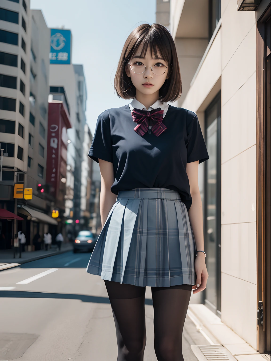 (8K、Raw photography、top-quality、masterpiece:1.2),(bob cuts),cocky,School,watching at viewers,Looking at the front,Muchimuchi,Erotic,Pupils,(Light Blue Bra,Bras showing through shirts),de pele branca,kne,(Black pantyhose),absurderes,a small face,small tits,flat breast,Parting the bangs from the middle、Forehead visible,(a cold expression,Tight eyes,glares,Bullish,skinny,Rasping,irate)、masterpiece,top-quality、超A high resolution,Raw photo,ren,Beautiful fece,One Person, 独奏,eye glass,,Dark look,Small breasts,fullllbody,Round glasses、cute little,JK school uniform,hi-school girl,A Japanese Lady,is standing,(Photorealsitic:1.37)、Photon mapping,Realistic、Beautie,Cute little face,Brown-eyed、Black socks、(Red bow tie)、Radio City、Physically Based Rendering、depth of fields、Blurry background、a picture,Body,s girl,beauty legs, Long legs, Thin leg,(Bangs are visible), hair, s lips, Blue_The eye, nosesoft,(Light blue shirt), (Navy and blue and white plaid pleated skirt), Knees are visible,Sheer clothing,, Thigh, Black cotton socks,Nogizaka Idol, 女優, Japanese ido