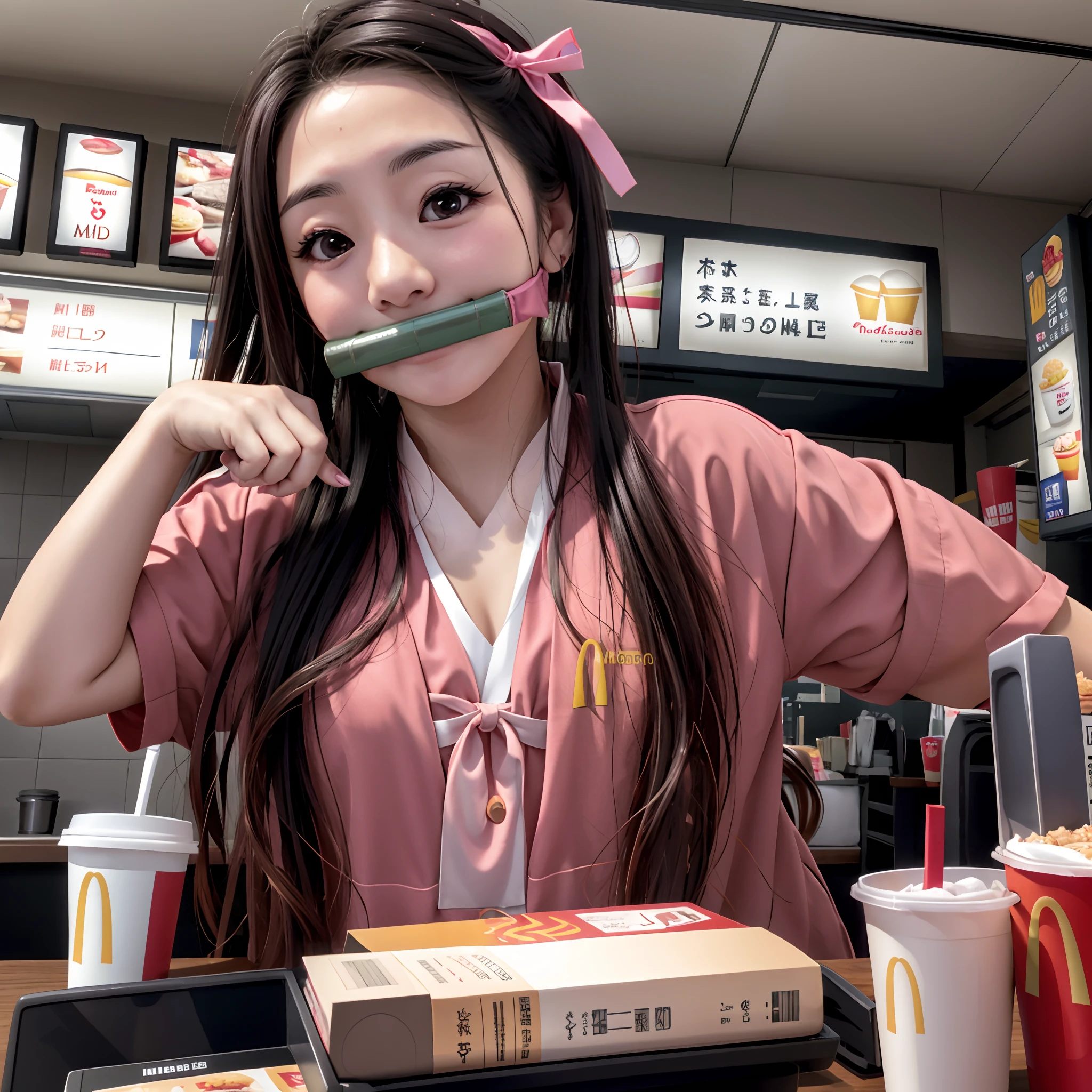 ​masterpiece、(Photorealsitic:1.5)、foco nítido,realisticeyes、Asian Women、top-quality、beautiful  lighting、profetional lighting、photon maping、Radio City、physically-based renderingt、 Plump McDonald's cash register, mcdonalds, Kamado Nezuko, ((Nezuko Kamado, People who work at McDonald's)), ((1girl in)), A dark-haired, brow, Hair Ribbon, Komono, Kimono, The long-haired, O cabelo multicolorido, Pink eyes, Pink kimono, Pink ribbon, bow ribbon, Very long hair, bit gag, ((Bamboo gagged)), (Raw photography、8KUHD、film grains), Rim lighting, looking at the viewers, seducting smile, 电影灯光, sweats streamed skin, red blush