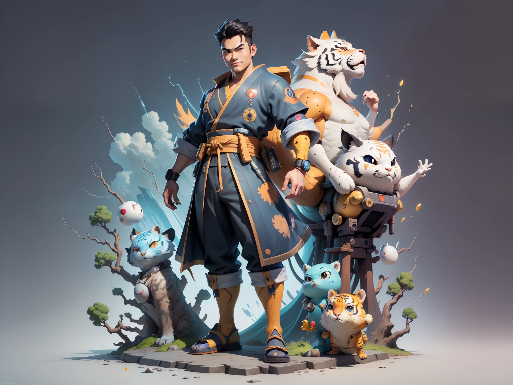 (Masterpiece), (Excellent), (Super Meticulous), (Full Body: 1.2), Super Young Man, Oriental Face, Japanese Kimono, Japanese Wind Thunder God, Dragon, Tiger, TV Anchor, Bust Portrait Illustration, Alone, Black Suit, Blue Tie, Slightly Chubby Face, Very Clean Face, No Beard, Black Super Short Hair, Black Eyes, Confident Smile, 3c Computer Sub-Products, iPad, iPhone, Digital Painting, 3D Character Design by Akira Toriyama and Mark Claireden and Pixar and Hayao Miyazaki, The illustration is a high-definition illustration in 4K resolution with very detailed facial features and cartoon-style visuals.