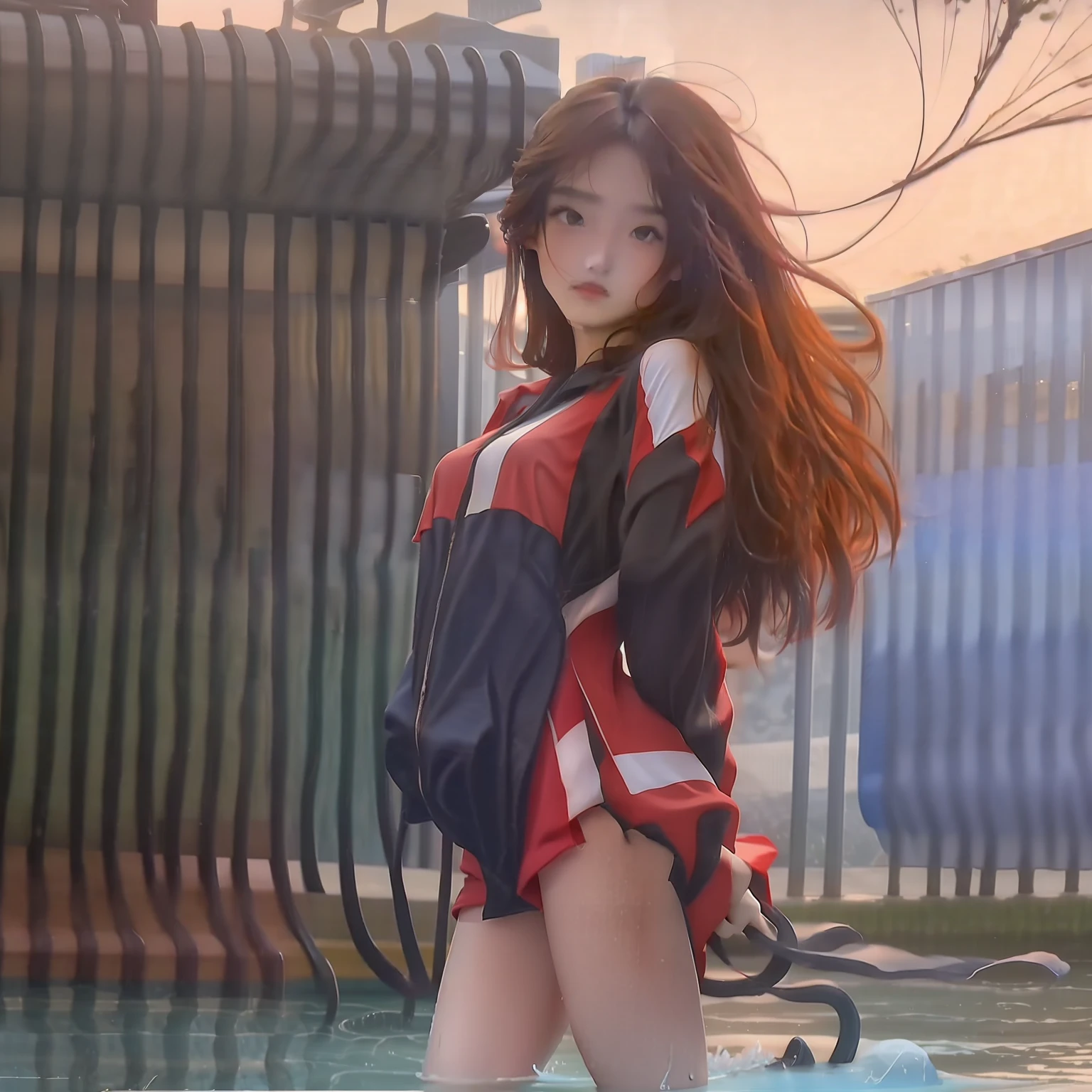 largeeyes，Long hair，Small lips，skinny figure，high-heels，swimming uniform