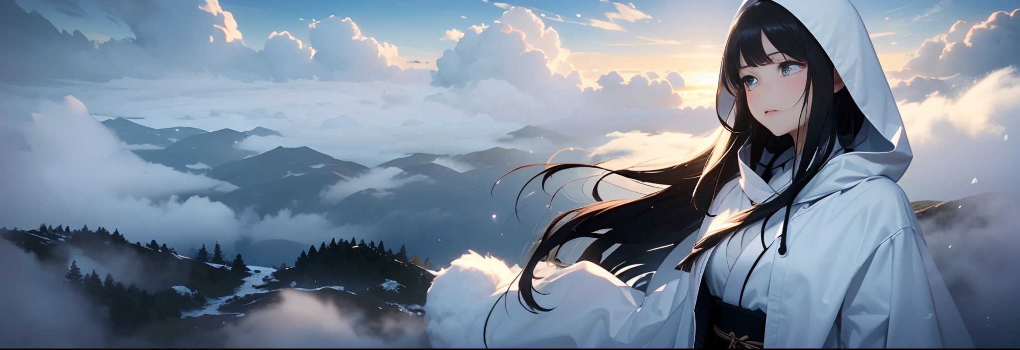 Masterpiece, Illusion, Ghost of a Girl, White Costume, ((Death Costume)), (Sutra Mail), (Triangular Hood on the Forehead), Japan Kimono, Monochrome, Full Body, (Snowy Forest), (Dream: 1.2), Scary Dream, ((Dense Fog: 1.8)), (Fog so thick that it becomes difficult to see the figure)), (Den), Dry Ice, (((Coming out of dense fog: 1.8))), ((Image born from thick fog: 1.8))), ( Gradation from white to black), (fade in from white to black), (foggy: 1.5), (snow storm: 1.5), earth storm, dead trees, deep forest, (falling snow: 1.5), (anger), (sadness), (melancholy), beautiful snow woman, beautiful and beautiful, ((sea of clouds)), ((above clouds)), night, moonlight, long black hair, gloss, snowflake, snowflake hair ornament