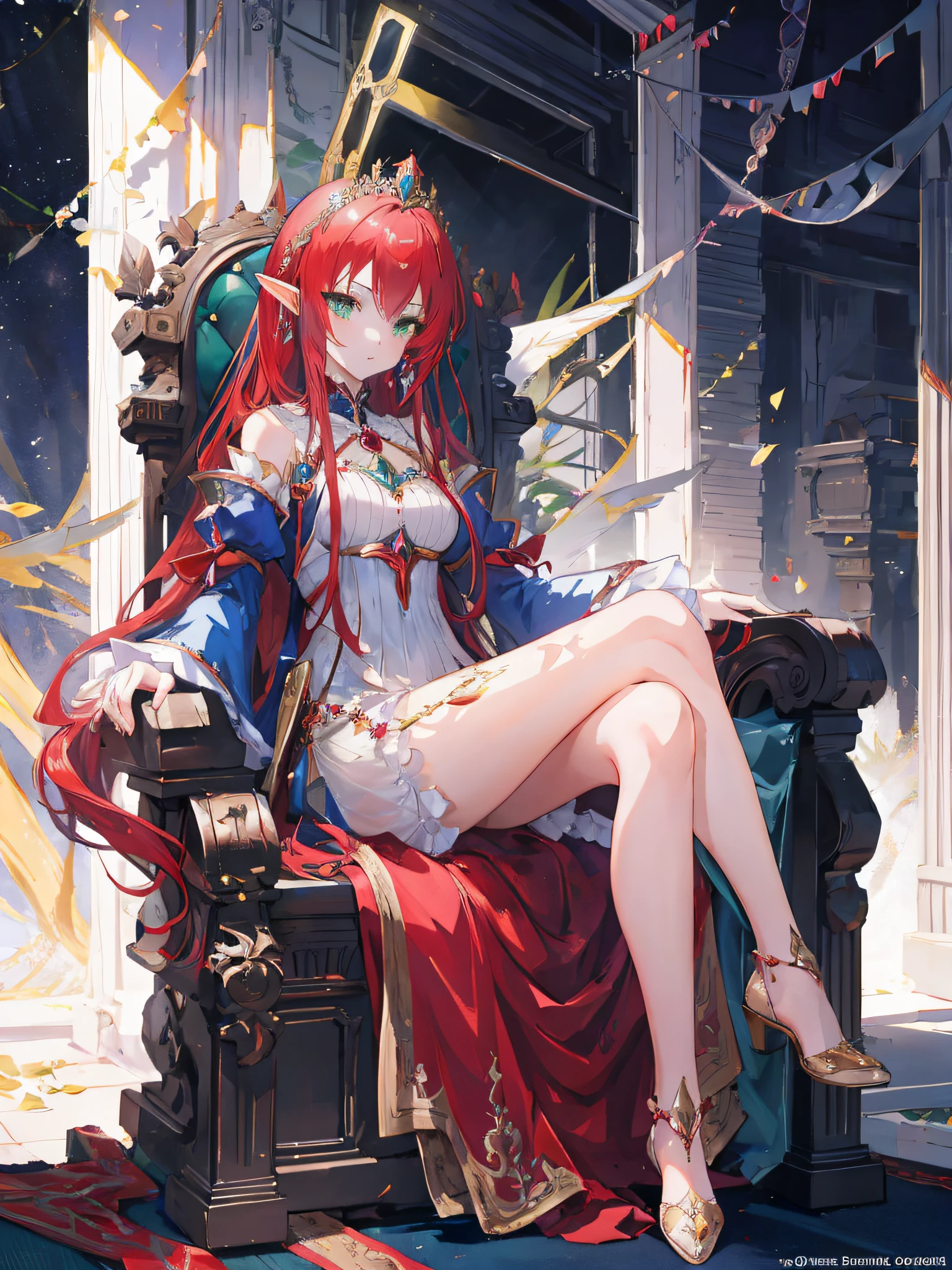anime girl sitting on a throne with a red hair and a red dress, a beautiful fantasy empress, ((a beautiful fantasy empress)), 8k high quality detailed art, anime goddess, cushart krenz key art feminine, anime fantasy artwork, sitting on intricate throne, lying a throne in a fantasy land, trending on artstation pixiv, sitting on her throne, (elf girl) (green eyes)