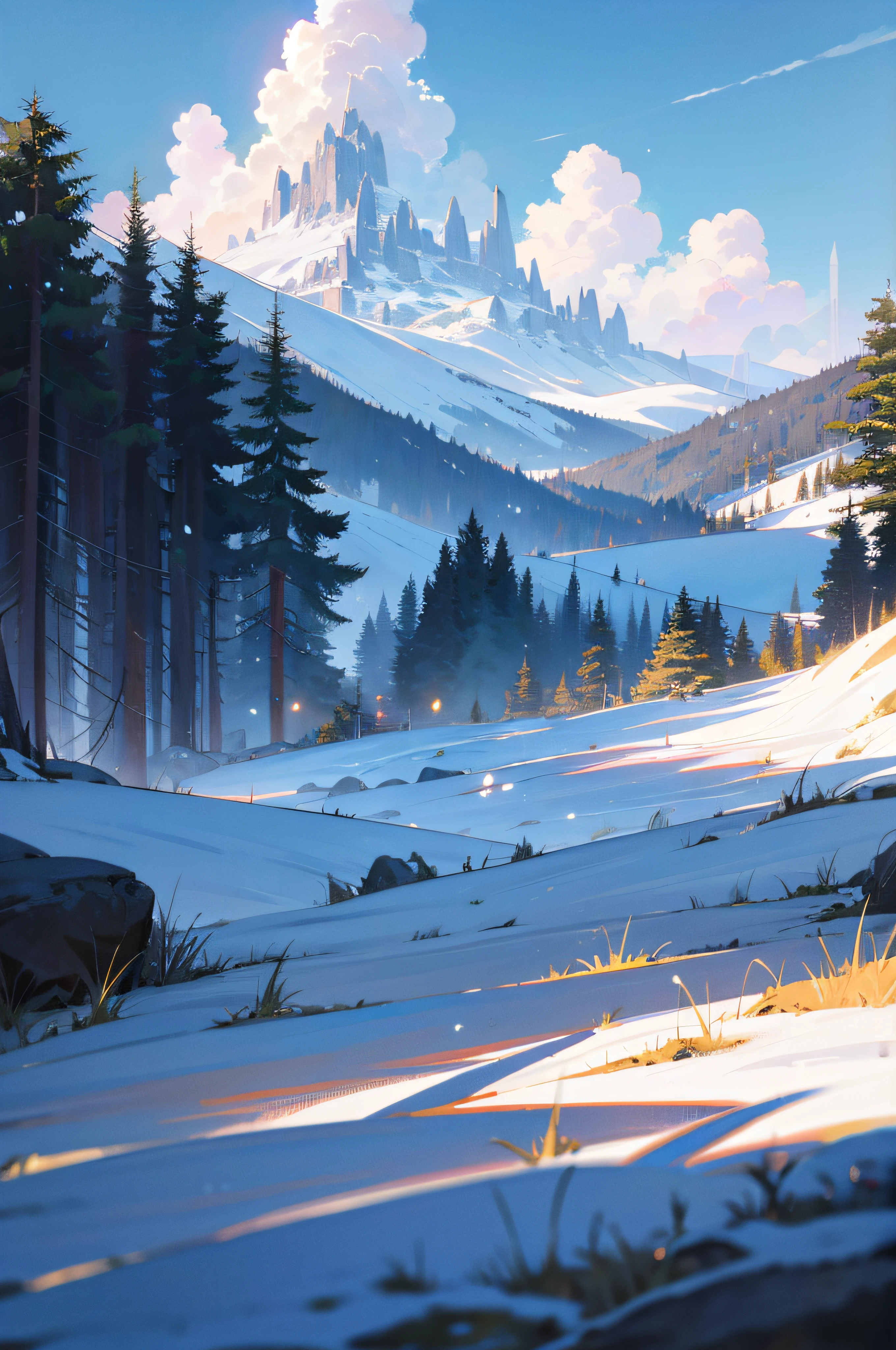 (no humans), scenery, anime style scenery,vanishing point, snowy mountains behind, from below, masterpiece, best quality, 8k, absurdres, (water surface), summer, noon, sunlight, blue sky, perspective, depth of field, highres, finely detail, ultra-detailed, sharp focus,best quality, ultra detailed, masterpiece, hires, 8k, extremely detailed CG unity 8k