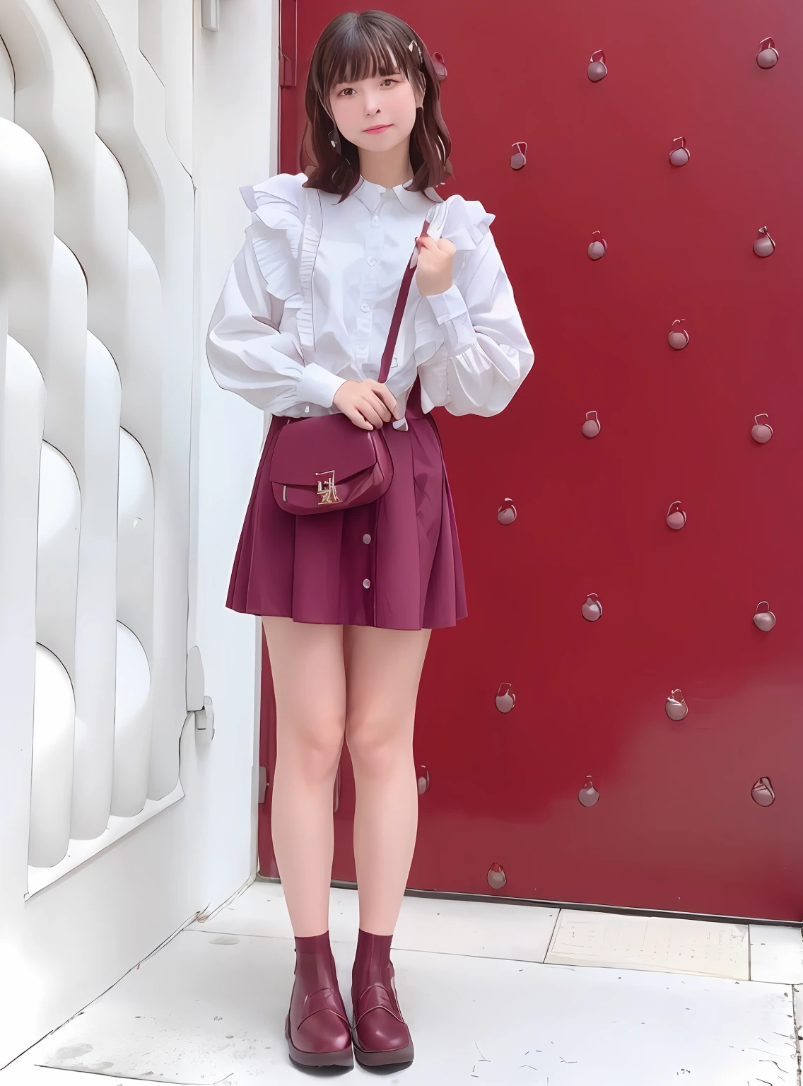 Woman standing in front of wall with purse, material is!!! plum!!!, ulzzangs, cute-style, katelynn mini cute style, simple style, frilld, full_Body!!, Styling, , advertisement picture, Maroon accents, the detailed images, Cute, Seifuku