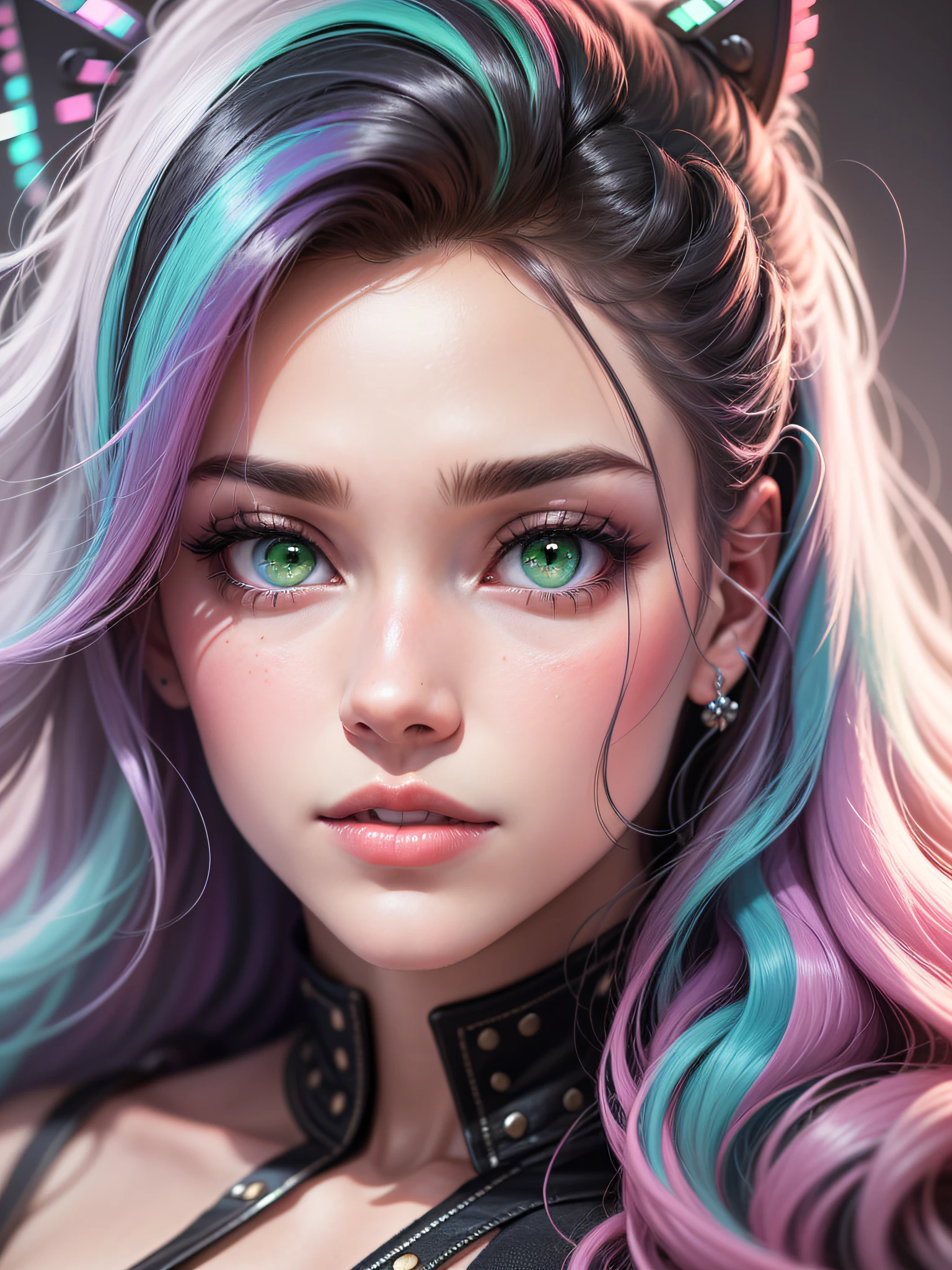 'Close up portait beautiful girl, prated hair, green eyes, in modern fighting costume, hyper realistic, pastel colors, complementary colors, soft colors, vibrant colors, dramatic colors, vaporwave, retrowave, black and white, colorfull, artochrome, highly detailed, 4K'
