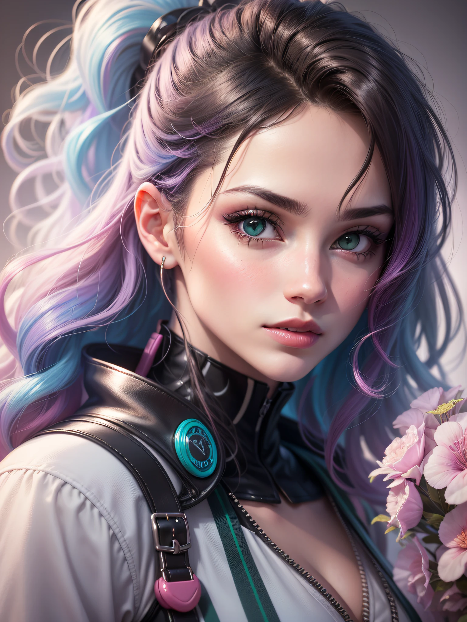 'Close up portait beautiful girl, prated hair, green eyes, in modern fighting costume, hyper realistic, pastel colors, complementary colors, soft colors, vibrant colors, dramatic colors, vaporwave, retrowave, black and white, colorfull, artochrome, highly detailed, 4K'