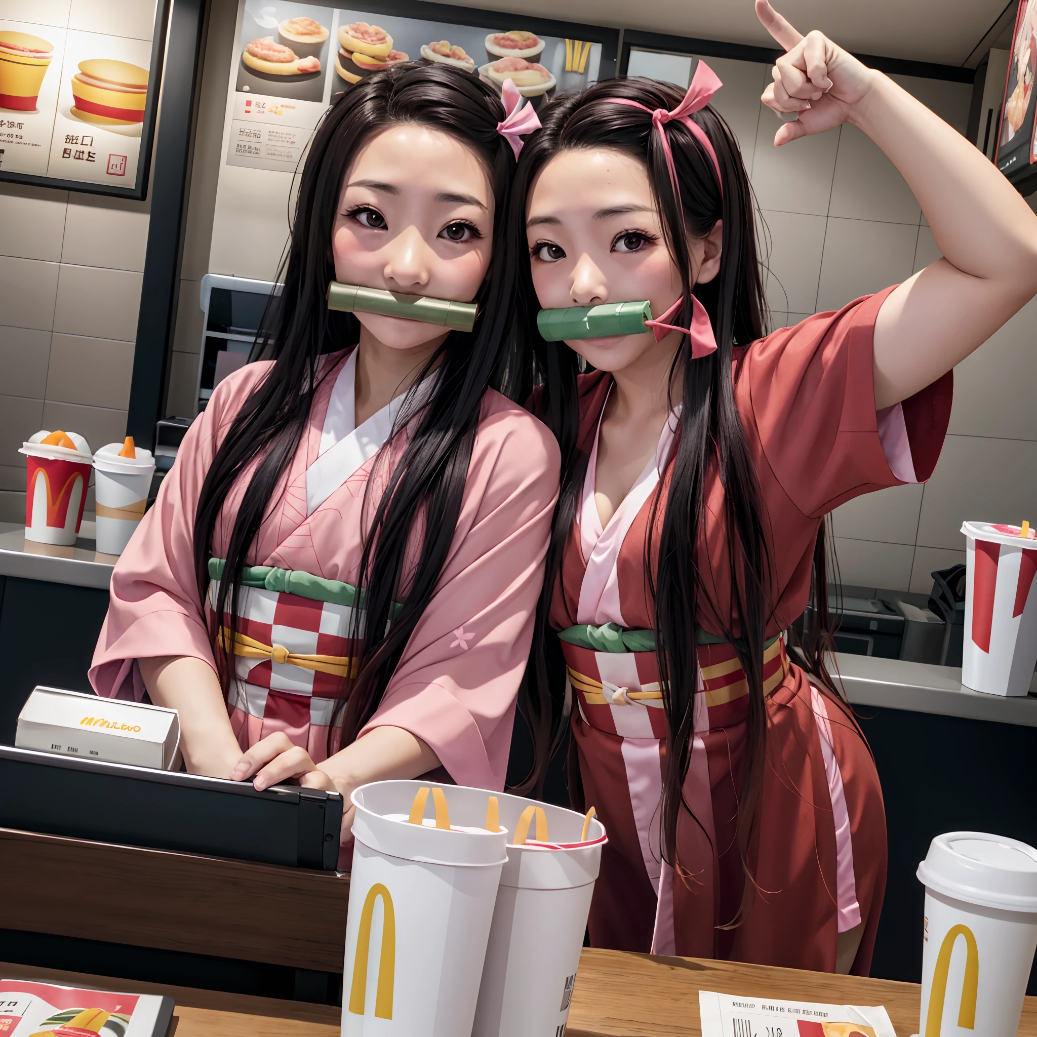 ​masterpiece、(Photorealsitic:1.5)、foco nítido,realisticeyes、Asian Women、top-quality、beautiful  lighting、profetional lighting、photon maping、Radio City、physically-based renderingt、 Plump McDonald's cash register, mcdonalds, Kamado Nezuko, ((Nezuko Kamado, People who work at McDonald's)), ((1girl in)), A dark-haired, brow, Hair Ribbon, Komono, Kimono, The long-haired, O cabelo multicolorido, Pink eyes, Pink kimono, Pink ribbon, bow ribbon, Very long hair, bit gag, ((Bamboo gagged)), (Raw photography、8KUHD、film grains), Rim lighting, looking at the viewers, seducting smile, 电影灯光, sweats streamed skin, red blush