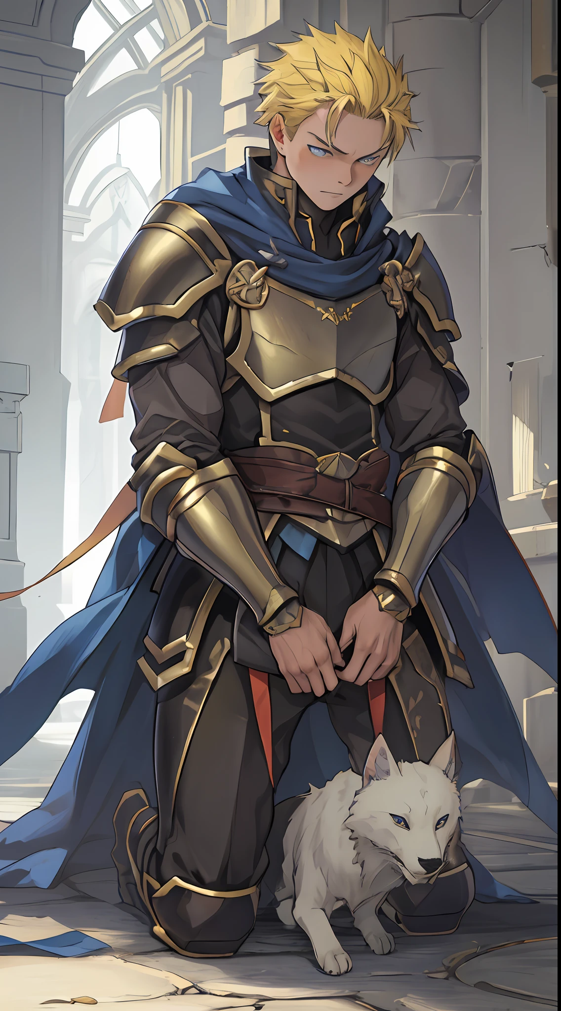 （1 Adult male），A high resolution， Sharp focus， Pixiv masterpiece， （（Complicated details））， highly  detailed， natsuki_subaru， 1 man，Defeat， crestfallen，full bodyesbian，kneels on the ground， （A gesture of pleading），blue color eyes（eyes glowing）， Short yellow hair，cloaks，Armour，Shoulder armor，perspire，look from down